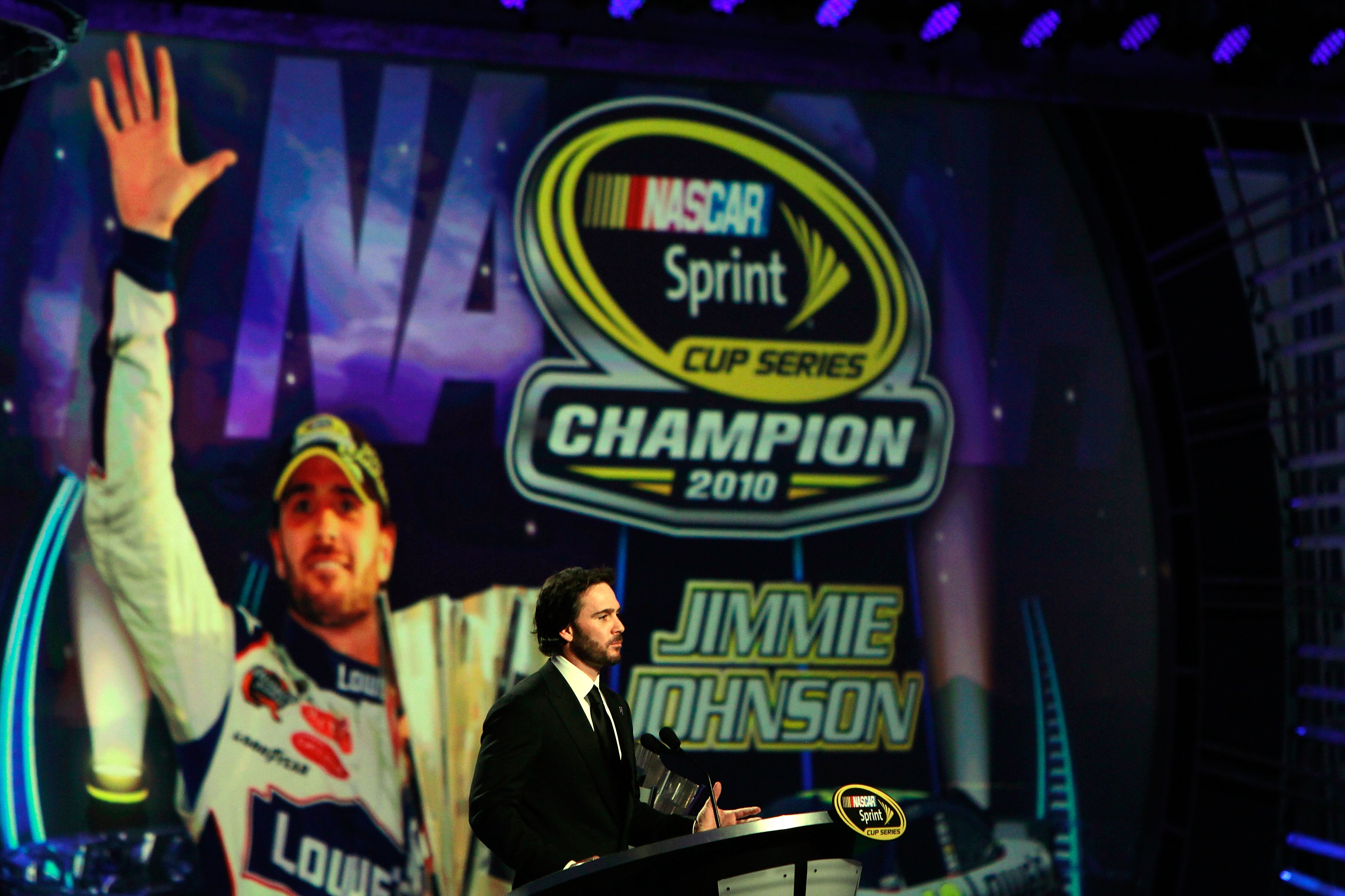 LAS VEGAS, NV - DECEMBER 03:  Five-time champion Jimmie Johnson speaks during the NASCAR Sprint Cup Series awards banquet at the Wynn Las Vegas Hotel on December 3, 2010 in Las Vegas, Nevada.  (Photo by Chris Trotman/Getty Images)