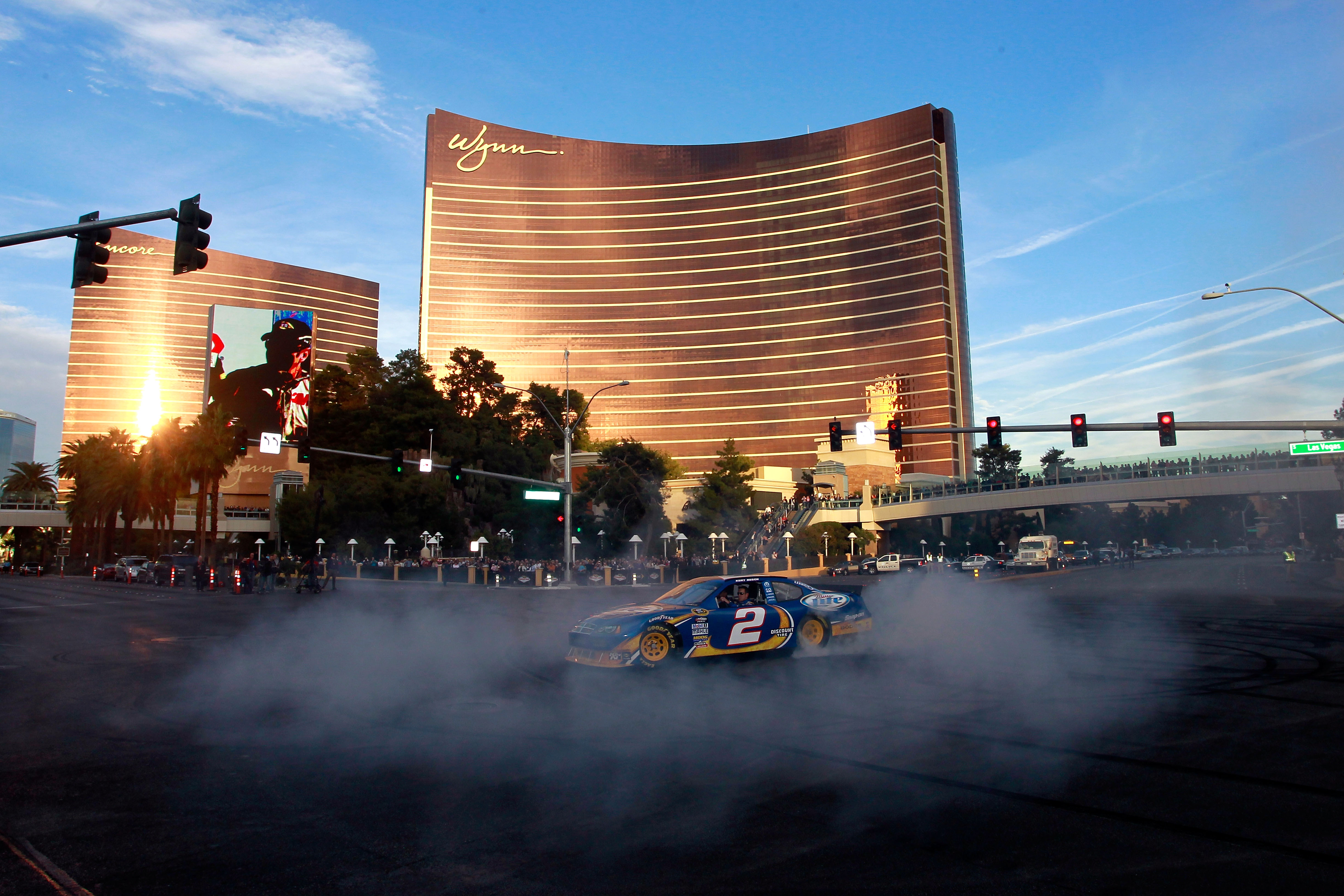 LAS VEGAS, NV - DECEMBER 02:  Kurt Busch, driver of the #2 Miller Lite Dodge, does a burnout during the NASCAR Sprint Cup Series Champions Week Victory Lap outside of the Wynn Las Vegas Hotel on December 2, 2010 in Las Vegas, Nevada.  (Photo by Chris Trot