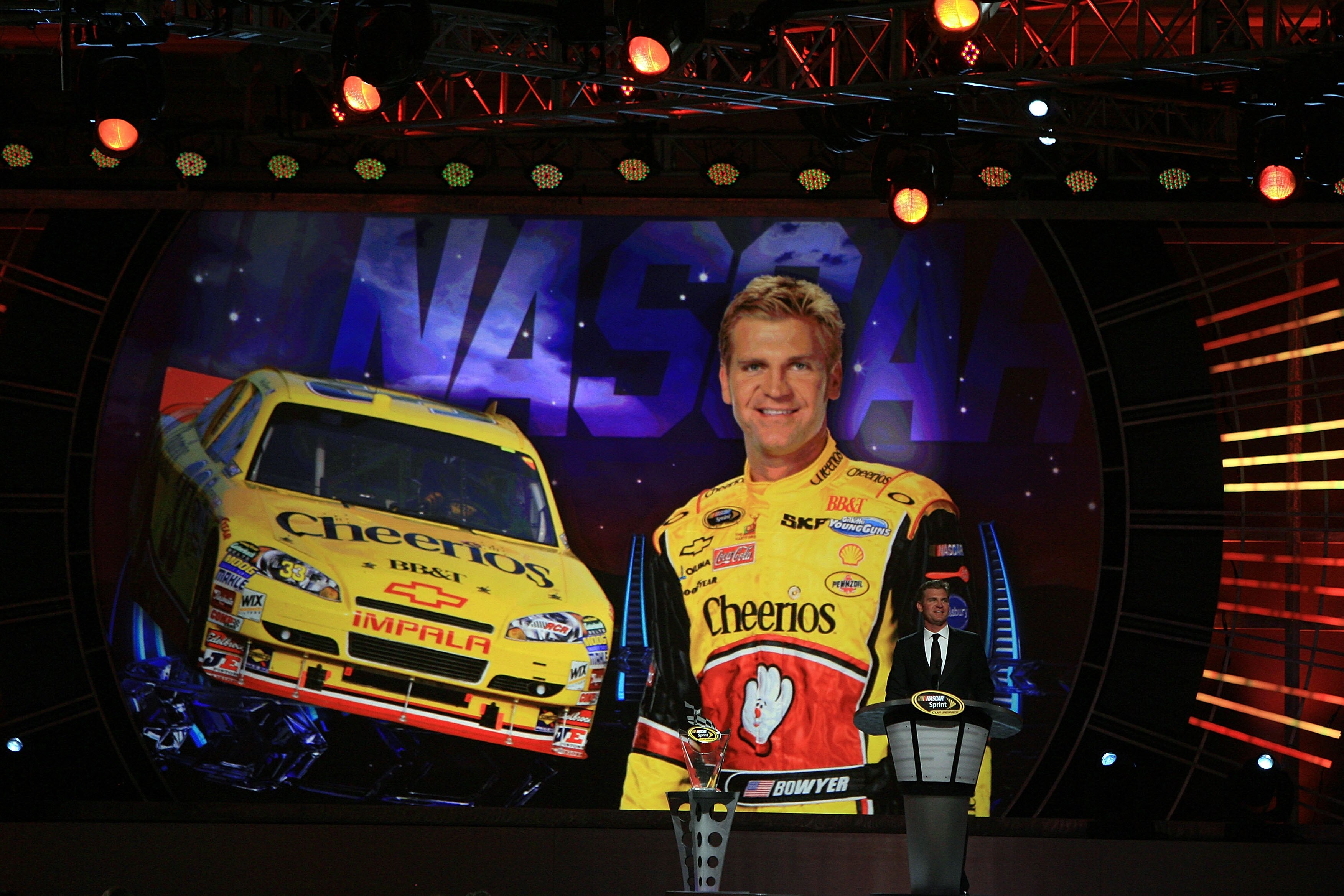 LAS VEGAS, NV - DECEMBER 03:  NASCAR driver Clint Bowyer speaks during the NASCAR Sprint Cup Series awards banquet at the Wynn Las Vegas Hotel on December 3, 2010 in Las Vegas, Nevada.  (Photo by Chris Trotman/Getty Images)