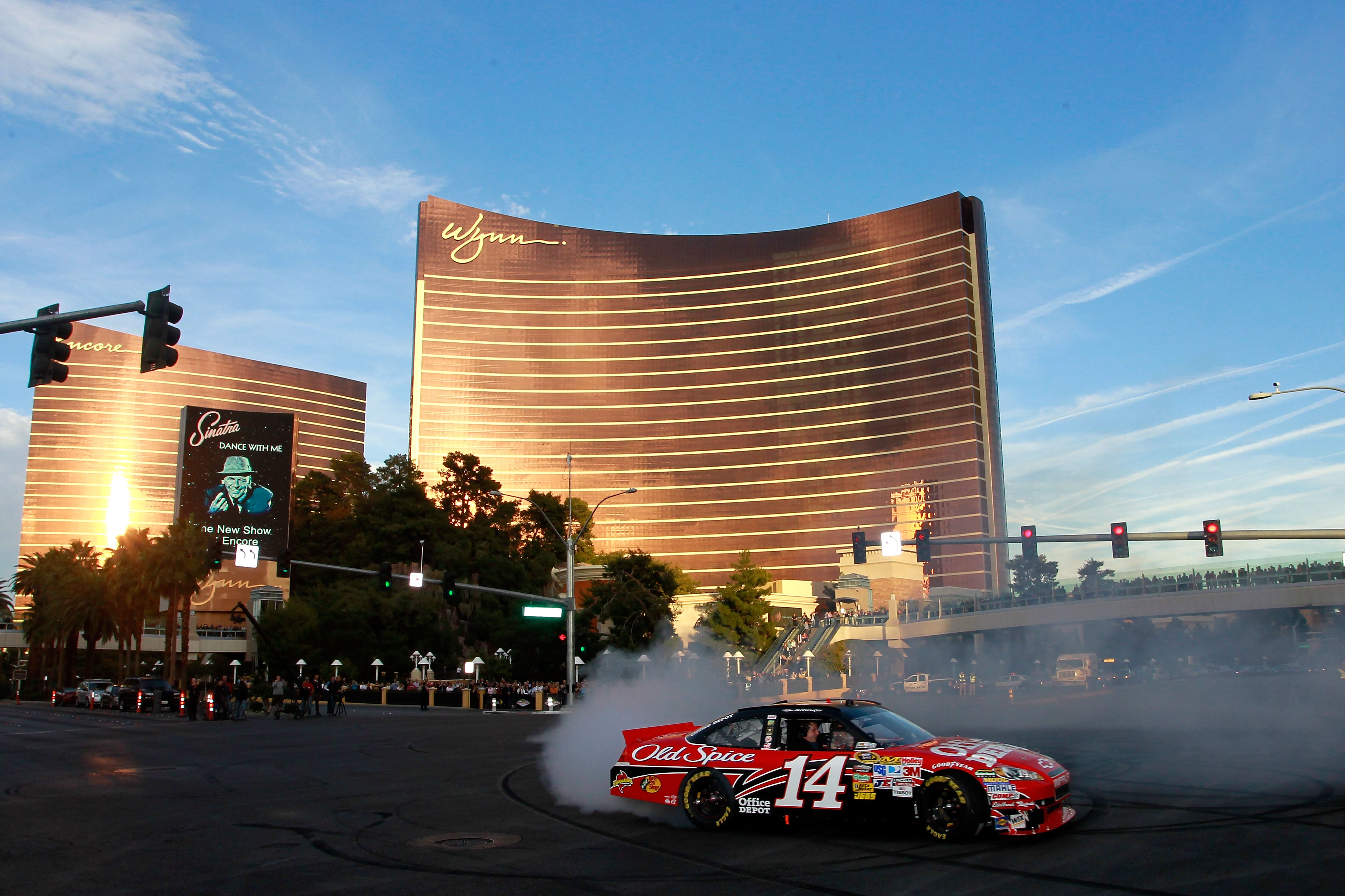 LAS VEGAS, NV - DECEMBER 02:  Tony Stewart, driver of the #14 Old Spice/Office Depot Chevrolet, does a burnout during the NASCAR Sprint Cup Series Champions Week Victory Lap outside of the Wynn Las Vegas Hotel on December 2, 2010 in Las Vegas, Nevada.  (P
