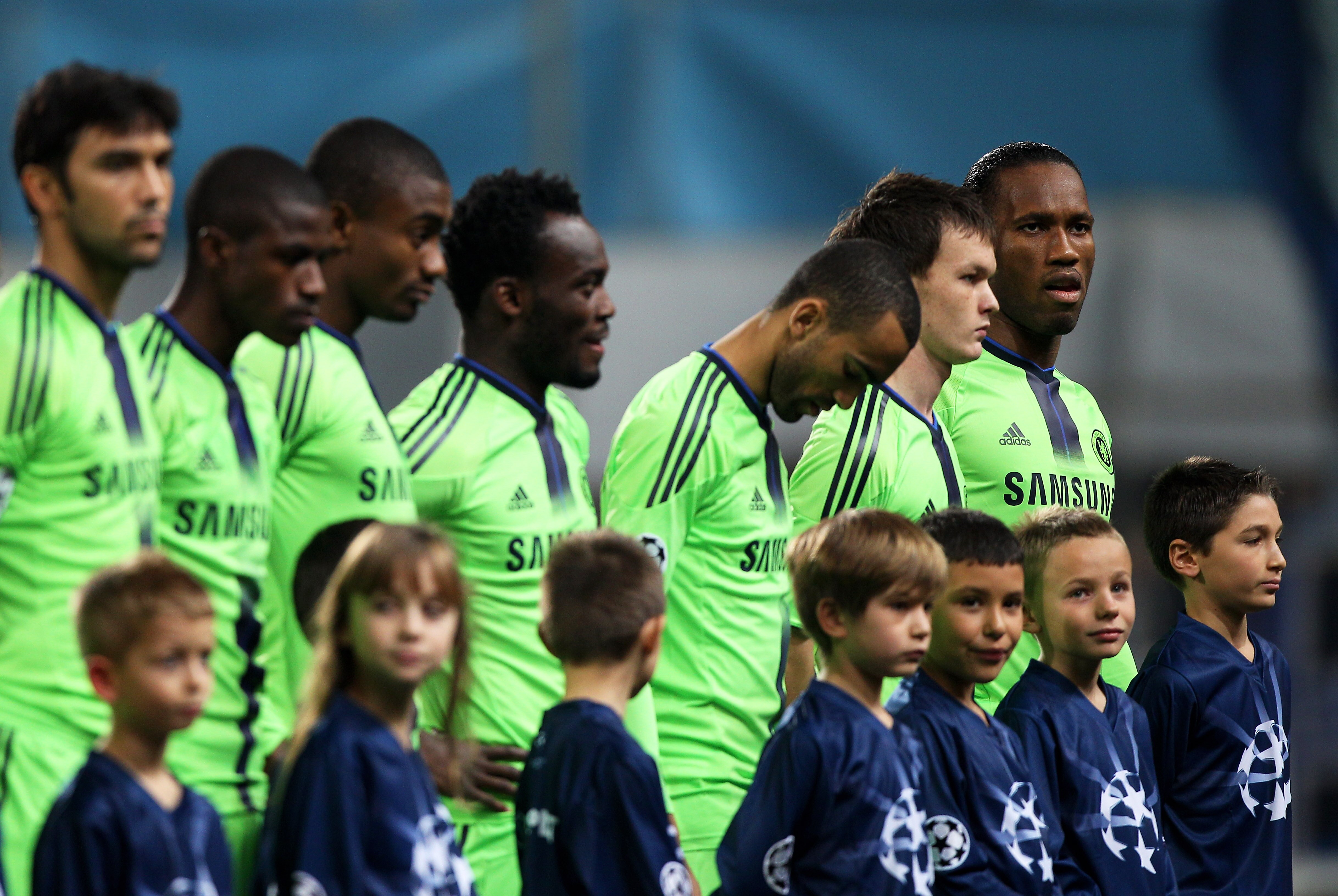 MARSEILLE, FRANCE - DECEMBER 08:  Former Marseille striker Didier Drogba (R) of Chelsea looks on prior to kickoff during the UEFA Champions League Group F match between Marseille and Chelsea at the Stade Velodrome on December 8, 2010 in Marseille, France.