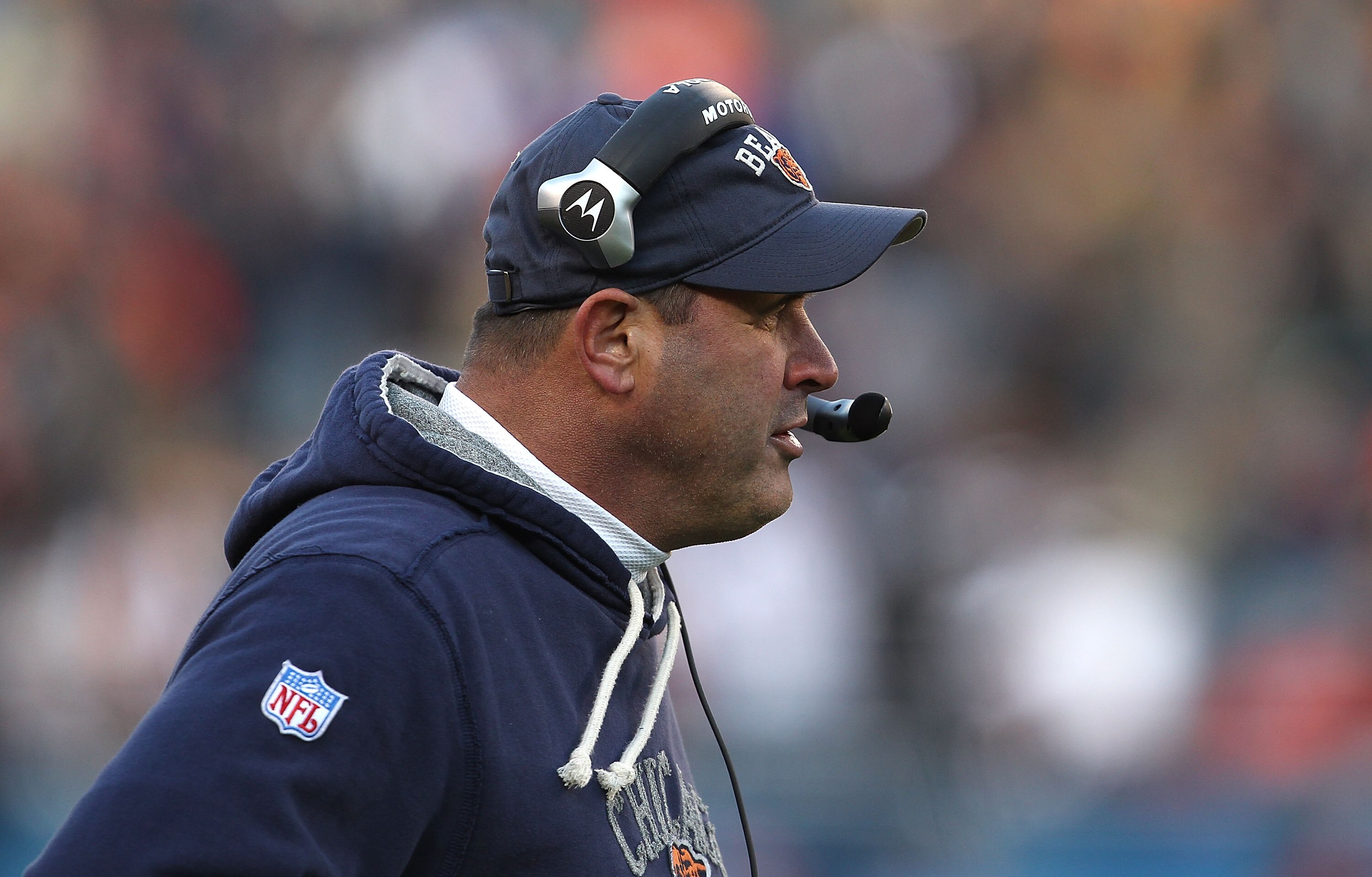 CHICAGO - NOVEMBER 14: Offensive line coach Mike Tice of the Chicago Bears watches as his team takes on the Minnesota Vikings at Soldier Field on November 14, 2010 in Chicago, Illinois. The Bears defeated the Vikings 27-13. (Photo by Jonathan Daniel/Getty