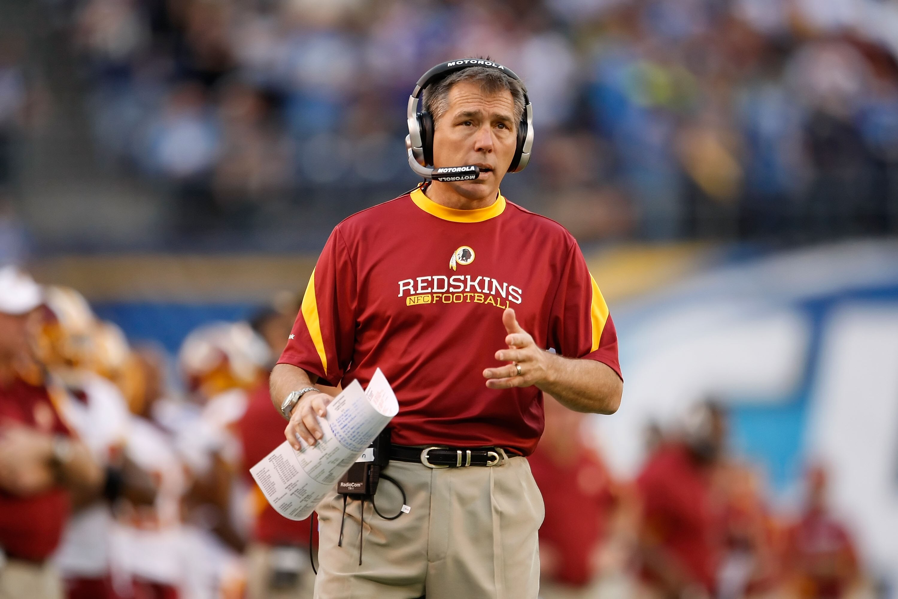 SAN DIEGO - JANUARY 03:  Washington Redskins head coach Jim Zorn looks on from the sideline against the San Diego Chargers at Qualcomm Stadium on January 3, 2010 in San Diego, California. The Chargers defeated the Redskins 23-20.  (Photo by Jeff Gross/Get
