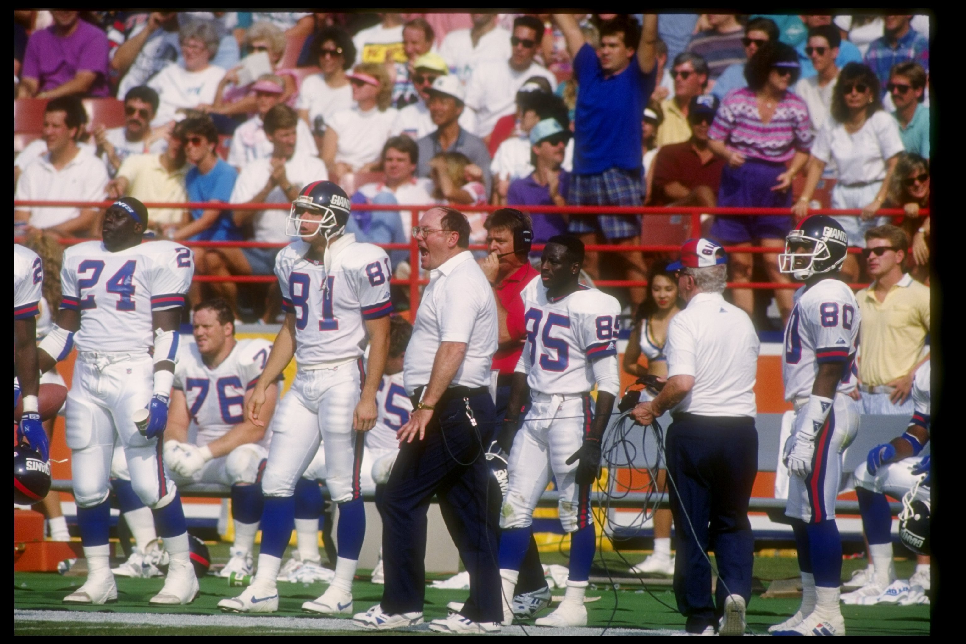 18 Oct 1992:  New York Giants head coach Ray Handley looks on during a game against the Los Angeles Rams at Anaheim Stadium in Anaheim, California.  The Rams won the game, 38-17. Mandatory Credit: Ken Levine  /Allsport
