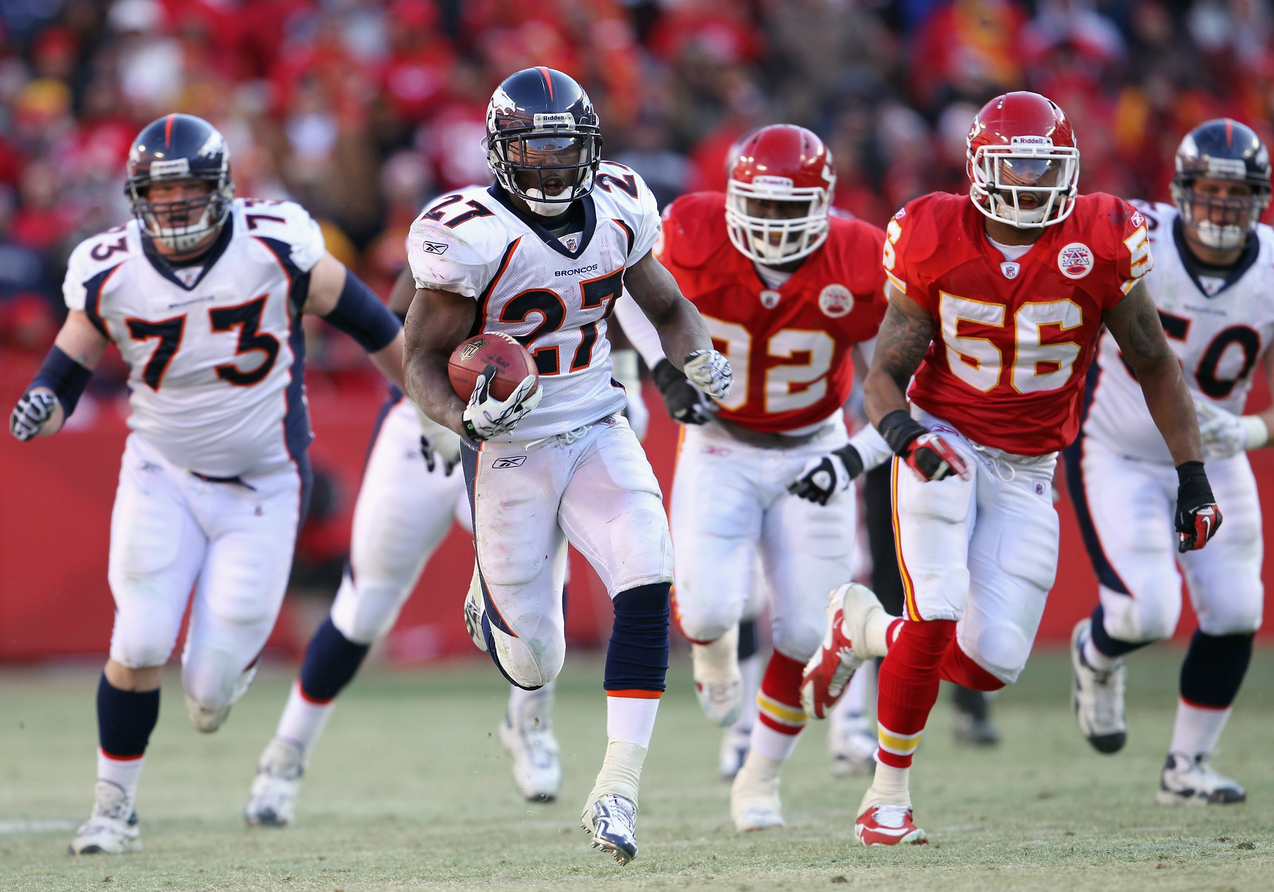 KANSAS CITY, MO - DECEMBER 05:  Knowshon Moreno #27 of the Denver Broncos carries the ball during the game against the Kansas City Chiefs on December 5, 2010 at Arrowhead Stadium in Kansas City, Missouri.  (Photo by Jamie Squire/Getty Images)