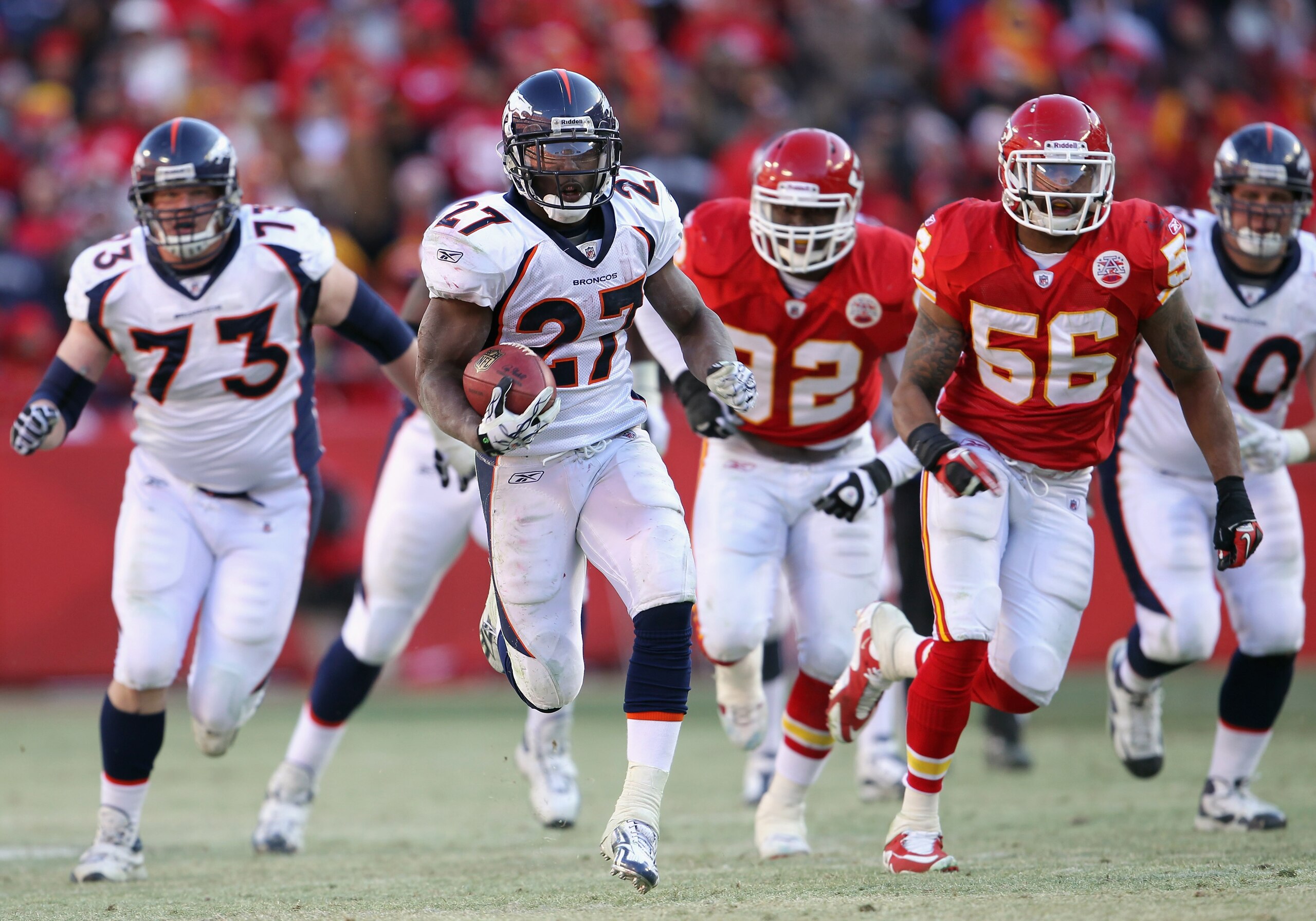 KANSAS CITY, MO - DECEMBER 05:  Knowshon Moreno #27 of the Denver Broncos carries the ball during the game against the Kansas City Chiefs on December 5, 2010 at Arrowhead Stadium in Kansas City, Missouri.  (Photo by Jamie Squire/Getty Images)