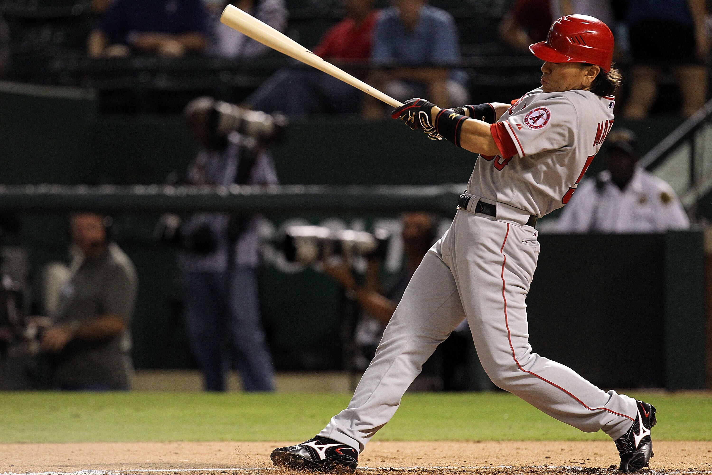 ARLINGTON, TX - OCTOBER 01:  Designated hitter Hideki Matsui #55 of the Los Angeles Angels of Anaheim grounds out in the first inning against the Texas Rangers at Rangers Ballpark in Arlington on October 1, 2010 in Arlington, Texas.  (Photo by Ronald Mart