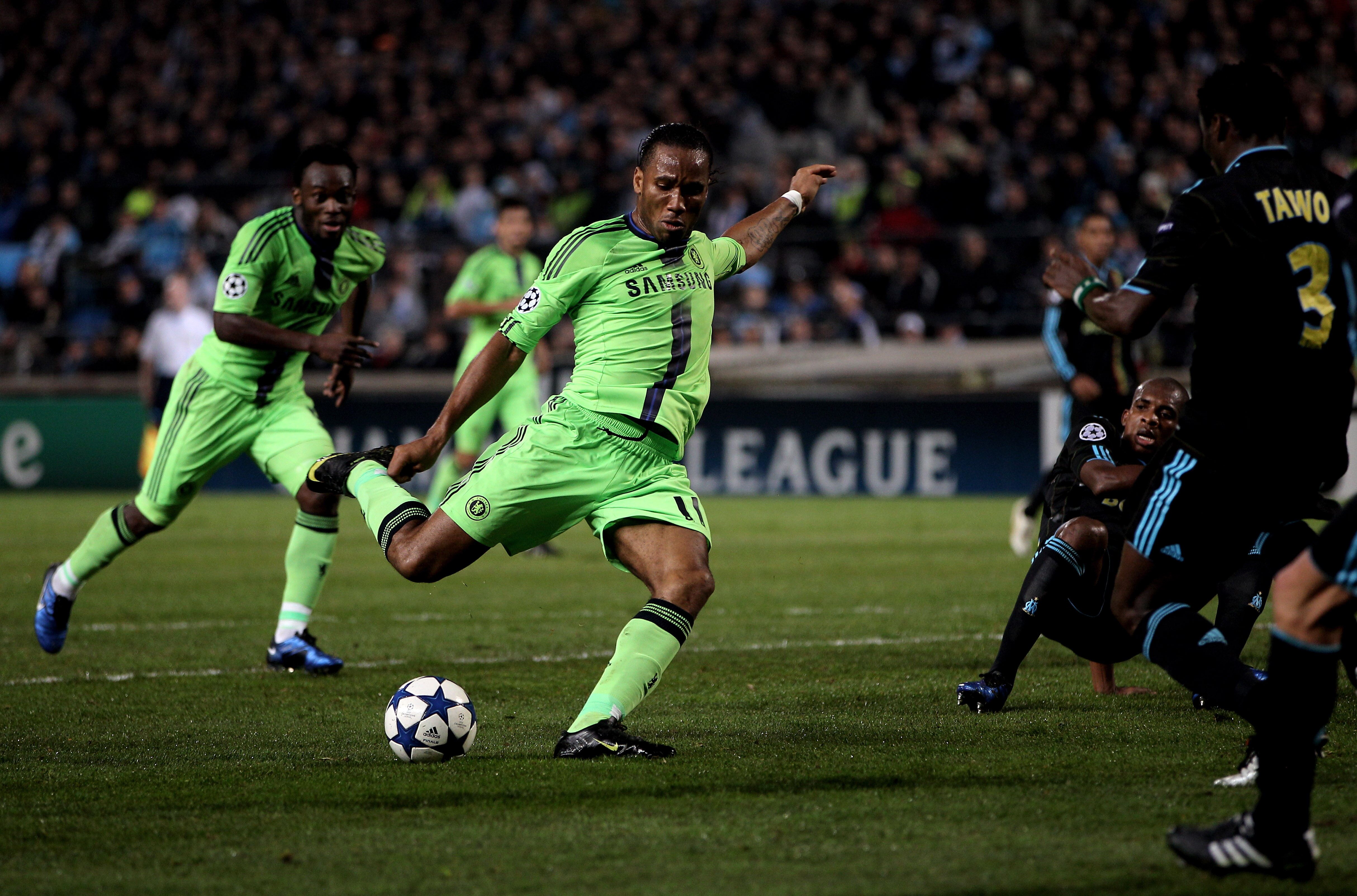 MARSEILLE, FRANCE - DECEMBER 08:  Didier Drogba of Chelsea takes a shot on goal during the UEFA Champions League Group F match between Marseille and Chelsea at the Stade Velodrome on December 8, 2010 in Marseille, France.  (Photo by Michael Steele/Getty I