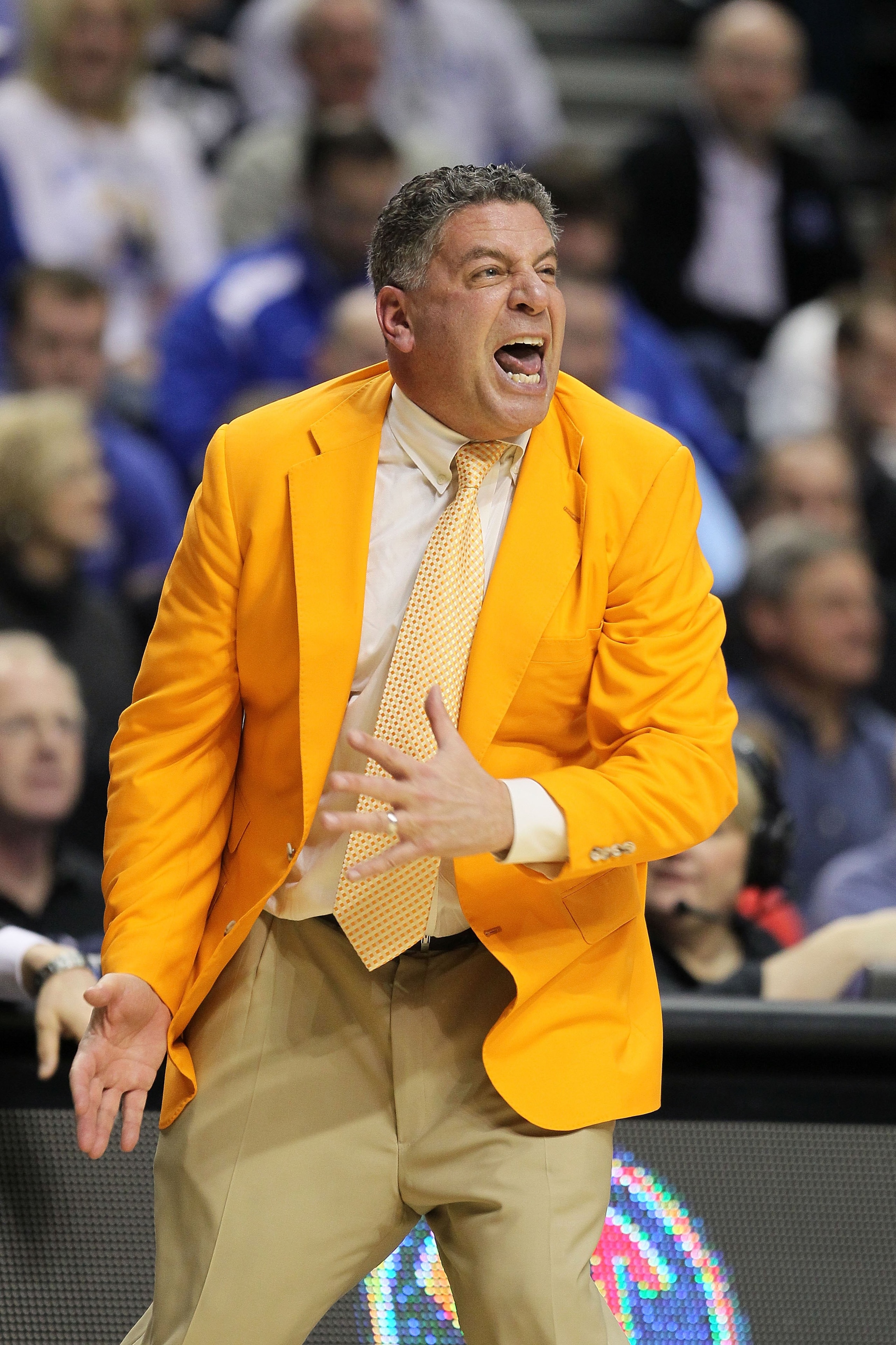 NASHVILLE, TN - MARCH 13:  Head coach Bruce Pearl of the Tennessee Volunteers reacts as he coaches against the Kentucky Wildcats during the semirfinals of the SEC Men's Basketball Tournament at the Bridgestone Arena on March 13, 2010 in Nashville, Tenness