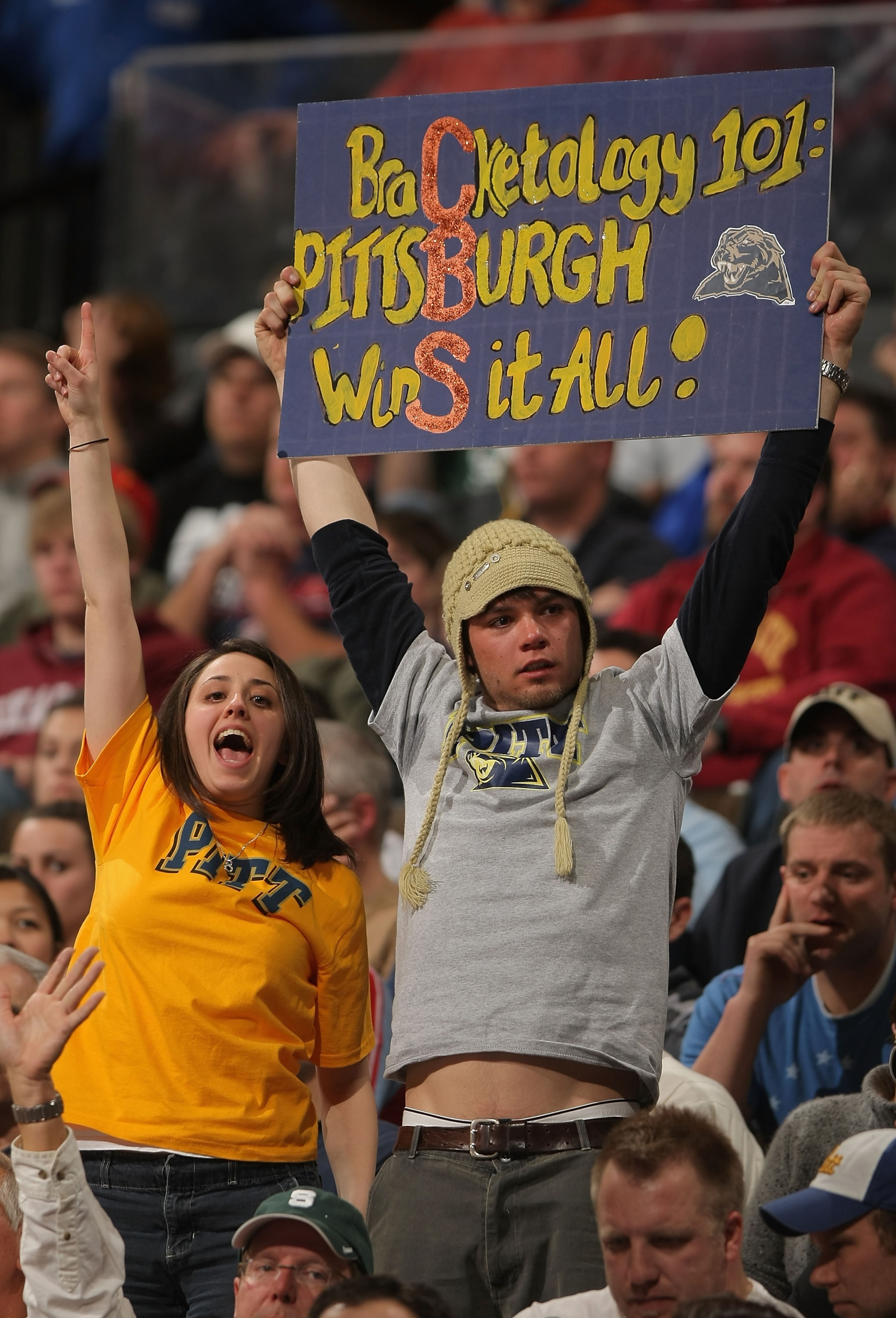 DENVER - MARCH 22:  Fans of the Pittsburgh Panthers hold up a sign during the second round game of the South Regional against the Michigan State Spartans as part of the 2008 NCAA Men's Basketball Tournament at Pepsi Center on March 22, 2008 in Denver, Col