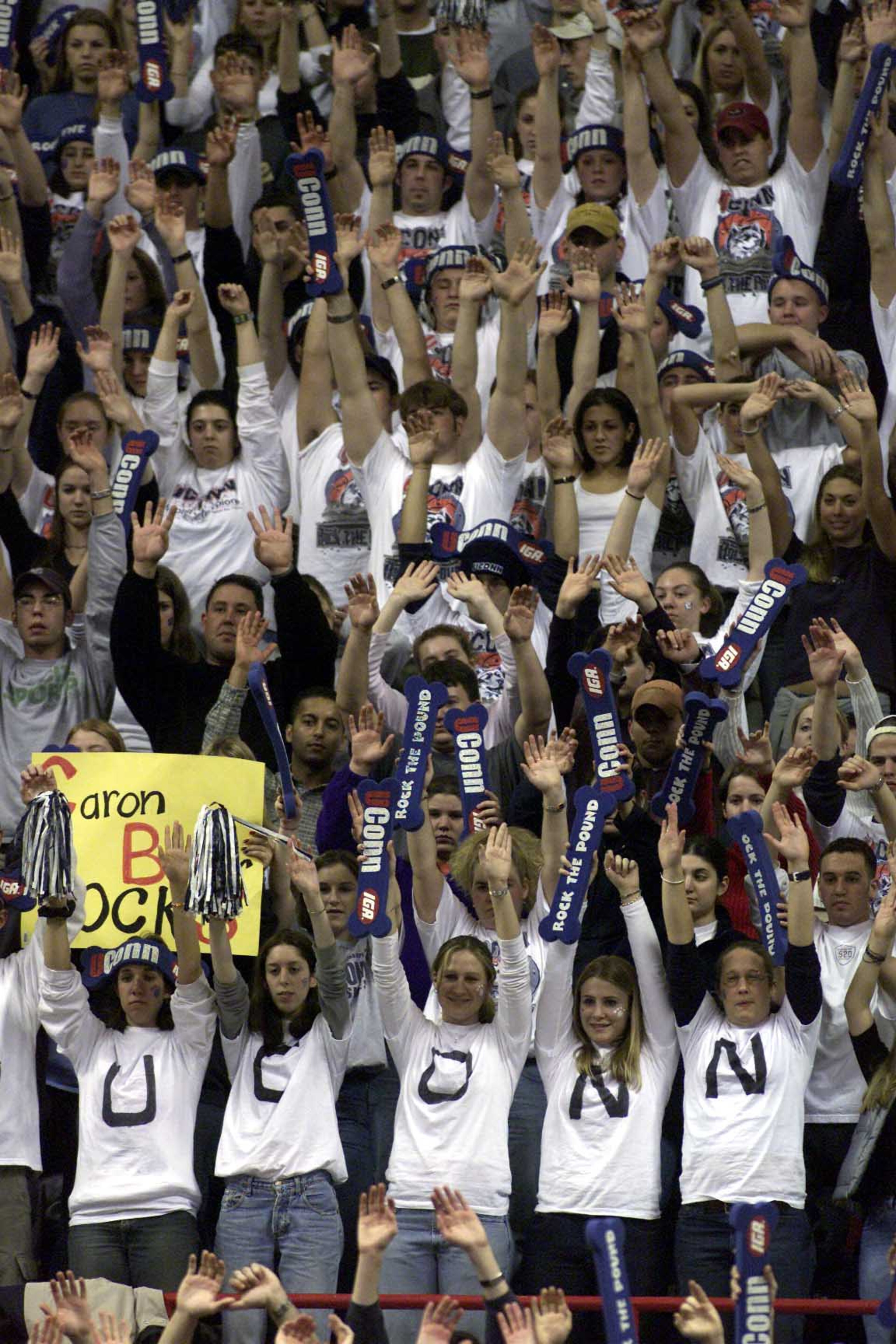 9 Dec 2000:   University of Connecticut fans cheer during a free throw attempt in the Huskies'' 71-69 victory over Arizona at Harry A. Gampel Pavilion in Storrs, Connecticut.  Digital Image. Mandatory Credit: Jamie Squire/ALLSPORT