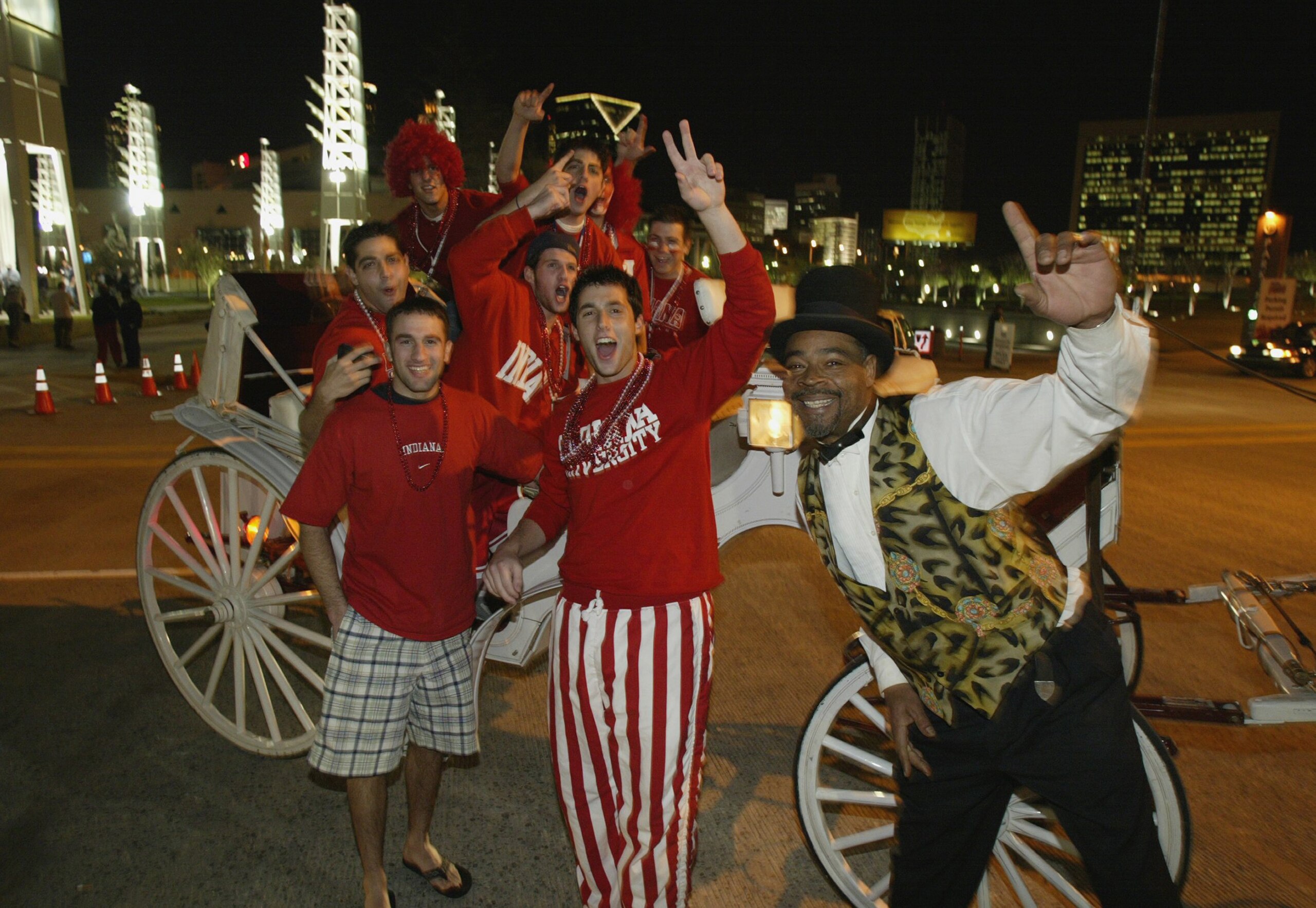 ATLANTA, GA - APRIL 1:  Indiana University Hoosier fans gather outside the Georgia Dome before the start of the men's NCAA National Championship game against the University of Maryland Terrapins at the Georgia Dome in Atlanta, Georgia on April 1, 2002. Ma