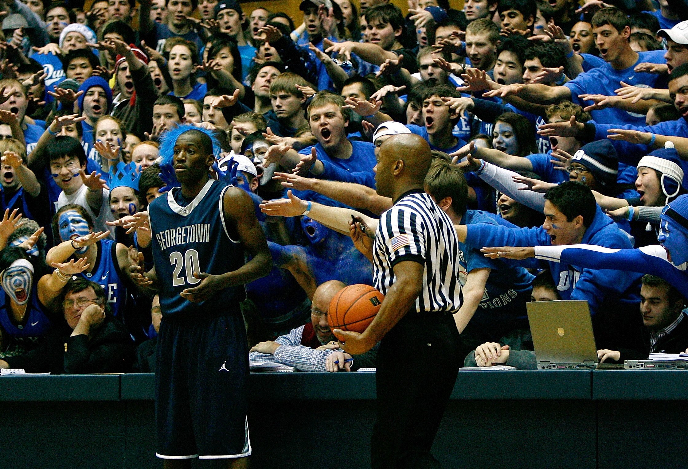 DURHAM, NC - JANUARY 17:  Fans of the Duke Blue Devils try to distract Jason Clark #20 of the Georgetown Hoyas prior to the inbound play during the game on January 17, 2009 at Cameron Indoor Stadium in Durham, North Carolina.  The Blue Devils defeated the