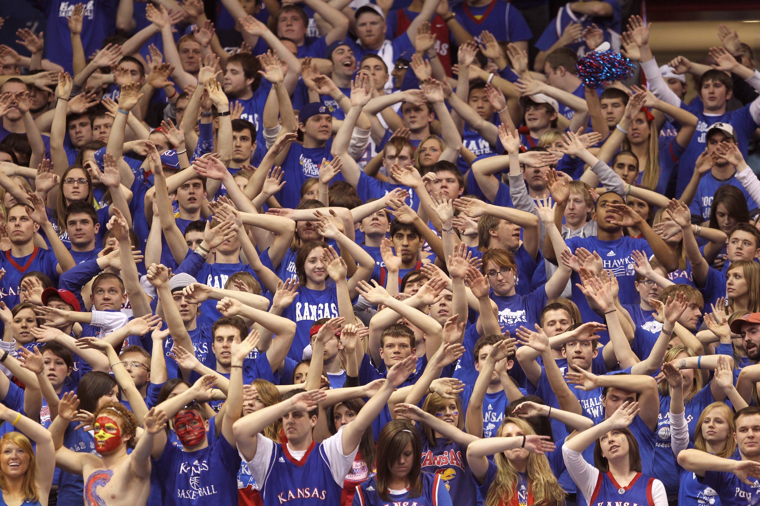 LAWRENCE, KS - FEBRUARY 06: Fans of the Kansas Jayhawks cheer during the game against the Nebraska Cornhuskers on February 6, 2010 at Allen Fieldhouse in Lawrence, Kansas. (Photo by Jamie Squire/Getty Images)