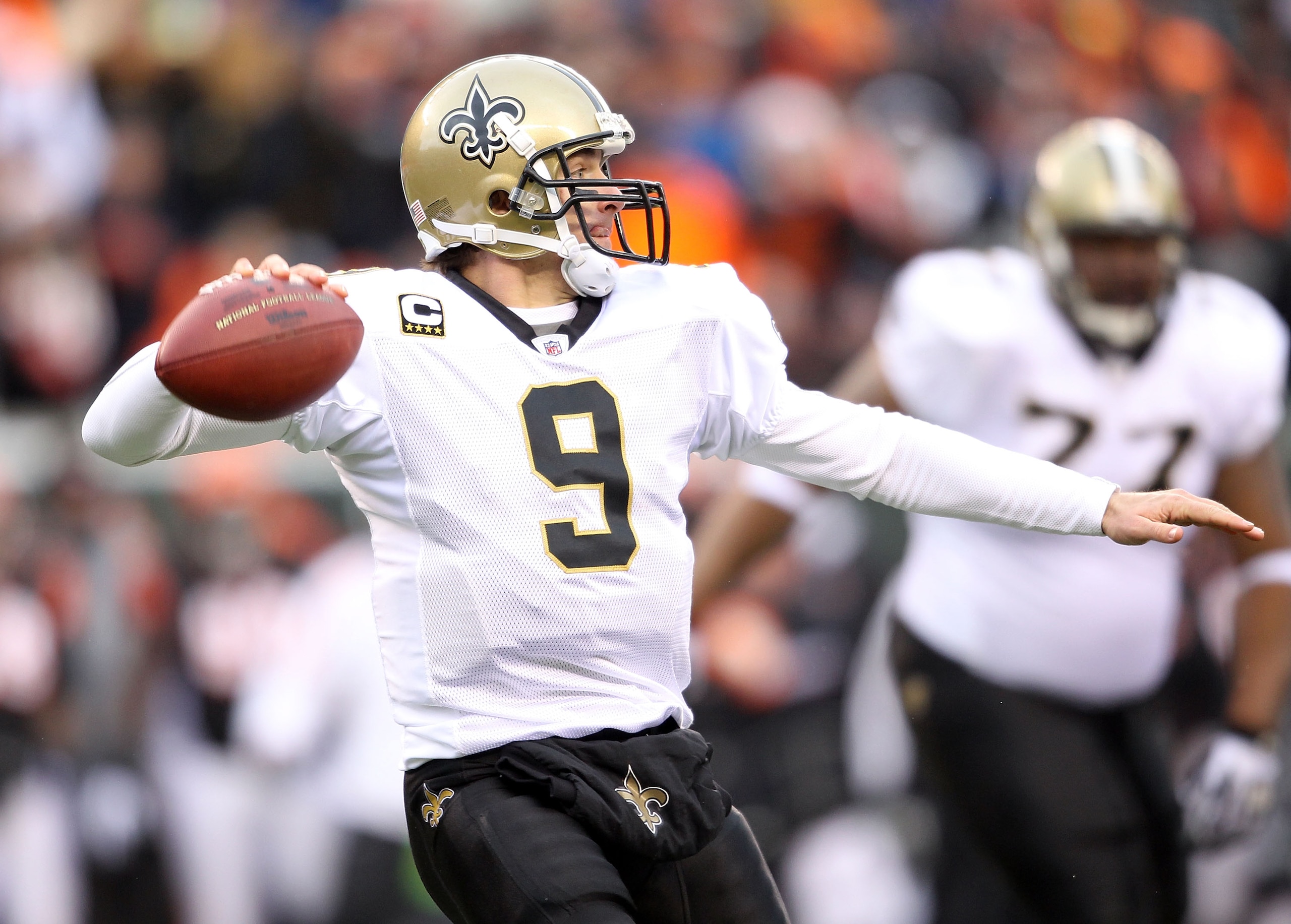 CINCINNATI, OH - DECEMBER 05: Dree Brees #9 of the New Orleans Saints throws a pass during the NFL game against the Cincinnati Bengals at Paul Brown Stadium on December 5, 2010 in Cincinnati, Ohio. The Saints won 34-30. (Photo by Andy Lyons/Getty Image CINCINNATI, OH - DECEMBER 05: Dree Brees #9 of the New Orleans Saints throws a pass during the NFL game against the Cincinnati Bengals at Paul Brown Stadium on December 5, 2010 in Cincinnati, Ohio. The Saints won 34-30. (Photo by Andy Lyons/Getty Image