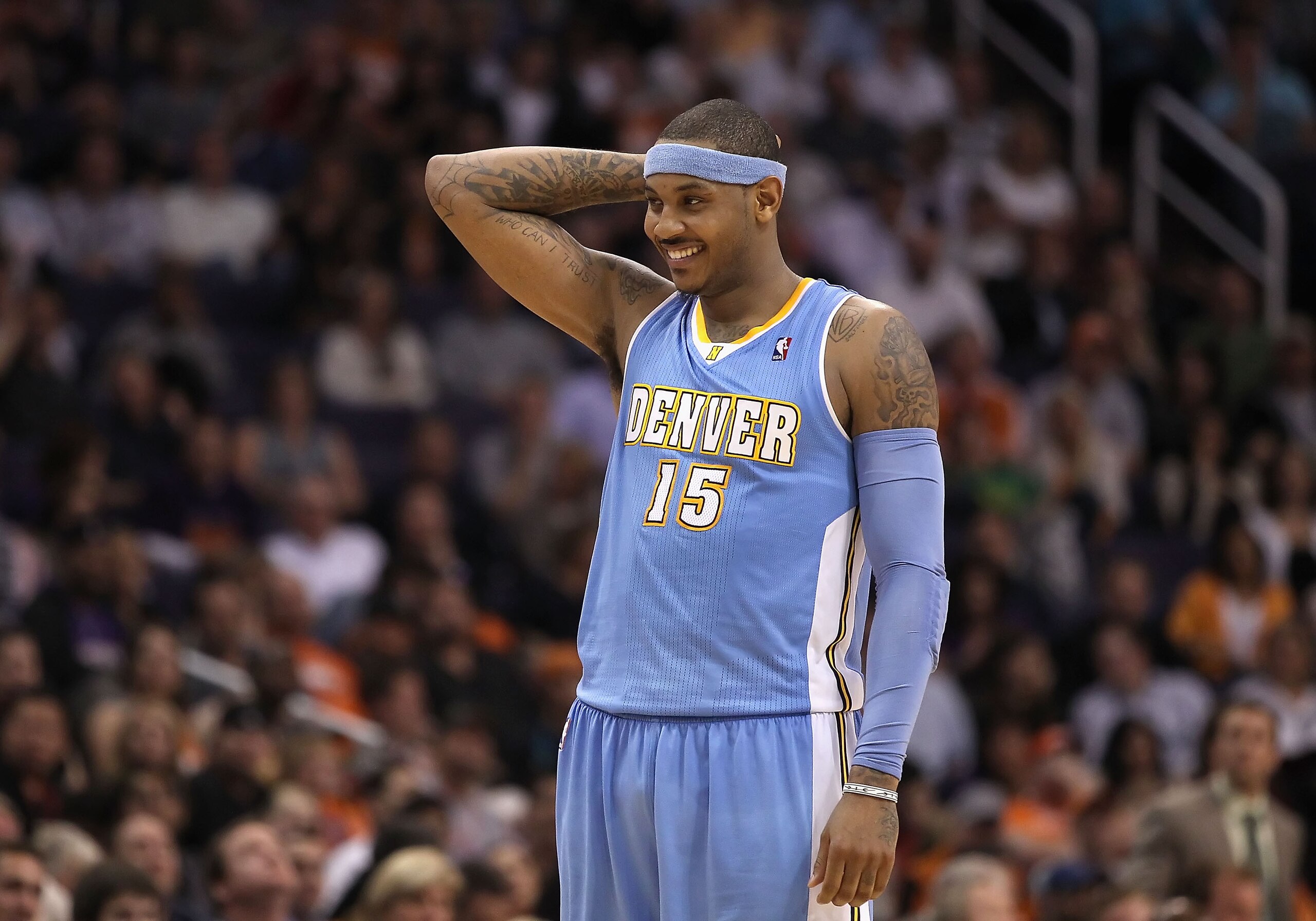 PHOENIX - NOVEMBER 15: Carmelo Anthony #15 of the Denver Nuggets during the NBA game against the Phoenix Suns at US Airways Center on November 15, 2010 in Phoenix, Arizona. The Suns defeated the Nuggets 100-94. NOTE TO USER: User expressly acknowledges PHOENIX - NOVEMBER 15: Carmelo Anthony #15 of the Denver Nuggets during the NBA game against the Phoenix Suns at US Airways Center on November 15, 2010 in Phoenix, Arizona. The Suns defeated the Nuggets 100-94. NOTE TO USER: User expressly acknowledges
