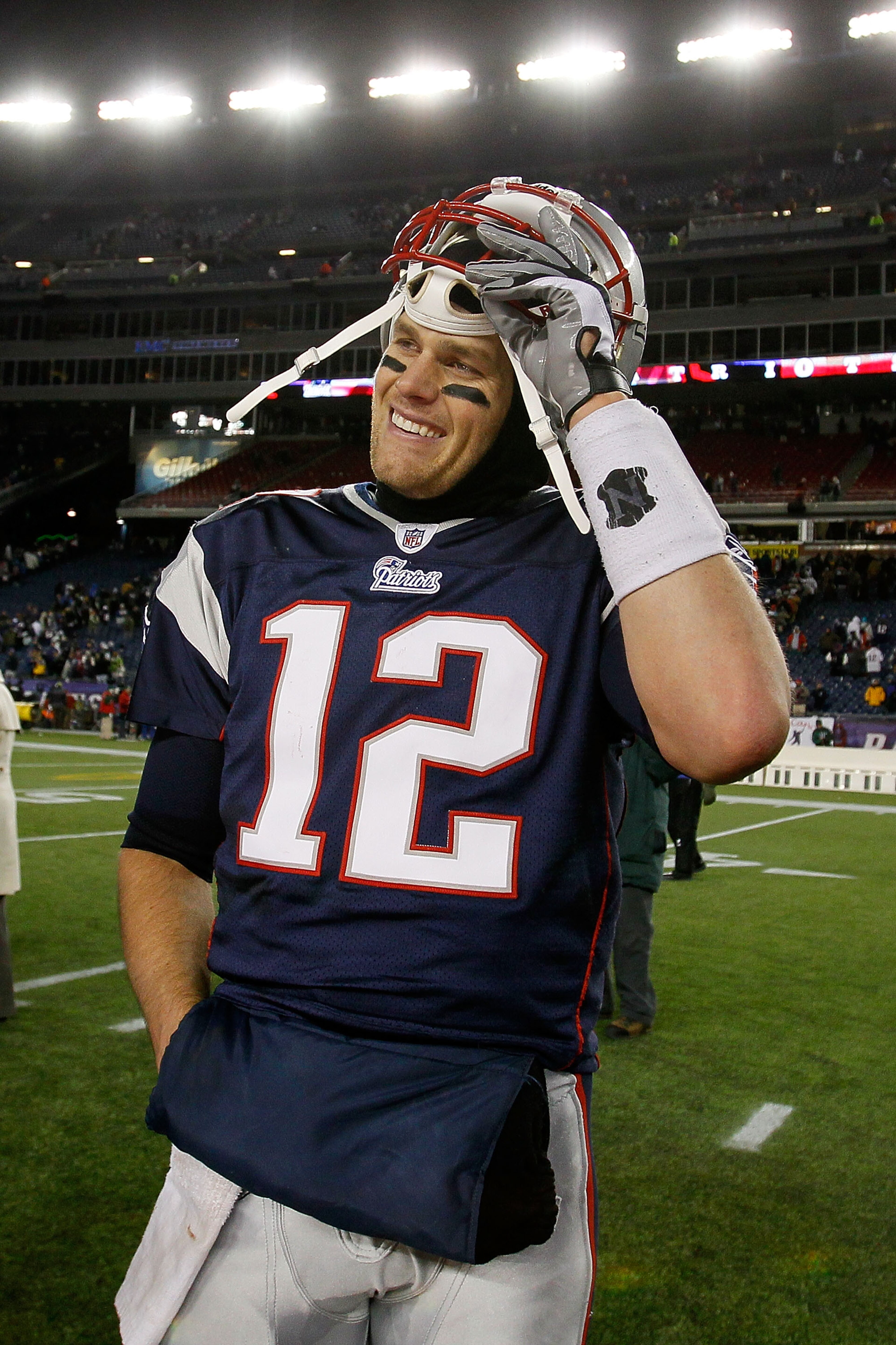 FOXBORO, MA - DECEMBER 06: Tom Brady #12 of the New England Patriots celebrates after the Patriots won 45-3 against the New York Jets at Gillette Stadium on December 6, 2010 in Foxboro, Massachusetts. (Photo by Jim Rogash/Getty Images) FOXBORO, MA - DECEMBER 06: Tom Brady #12 of the New England Patriots celebrates after the Patriots won 45-3 against the New York Jets at Gillette Stadium on December 6, 2010 in Foxboro, Massachusetts. (Photo by Jim Rogash/Getty Images)