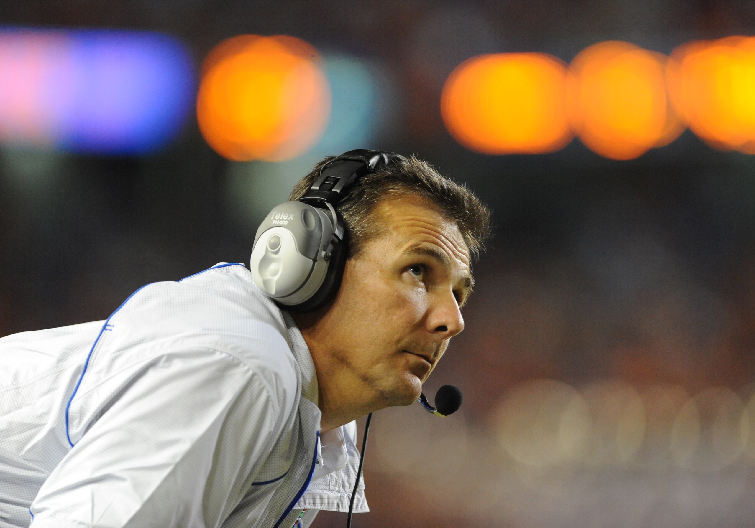 GAINESVILLE, FL - OCTOBER 16: Coach urban Meyer of the Florida Gators checks the scoreboard during play against the Mississippi State Bulldogs October 16, 2010 Ben Hill Griffin Stadium at Gainesville, Florida. (Photo by Al Messerschmidt/Getty Images) GAINESVILLE, FL - OCTOBER 16: Coach urban Meyer of the Florida Gators checks the scoreboard during play against the Mississippi State Bulldogs October 16, 2010 Ben Hill Griffin Stadium at Gainesville, Florida. (Photo by Al Messerschmidt/Getty Images)