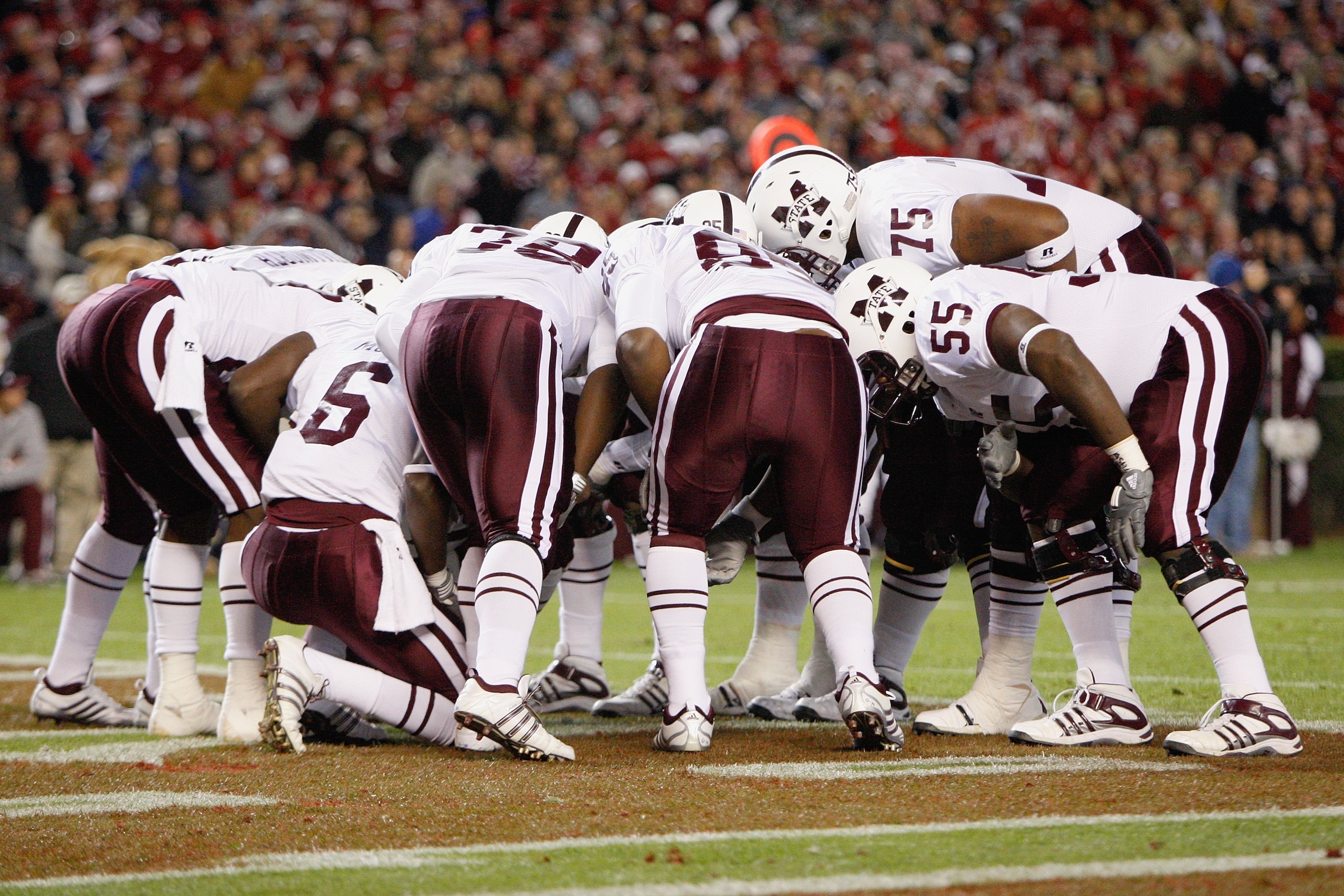 TUSCALOOSA, AL - NOVEMBER 15: The Mississippi State Bulldogs huddle on the field during the game against the Alabama Crimson Tide at Bryant-Denny Stadium on November 15, 2008 in Tuscaloosa, Alabama. (Photo by Kevin C. Cox/Getty Images) TUSCALOOSA, AL - NOVEMBER 15: The Mississippi State Bulldogs huddle on the field during the game against the Alabama Crimson Tide at Bryant-Denny Stadium on November 15, 2008 in Tuscaloosa, Alabama. (Photo by Kevin C. Cox/Getty Images)