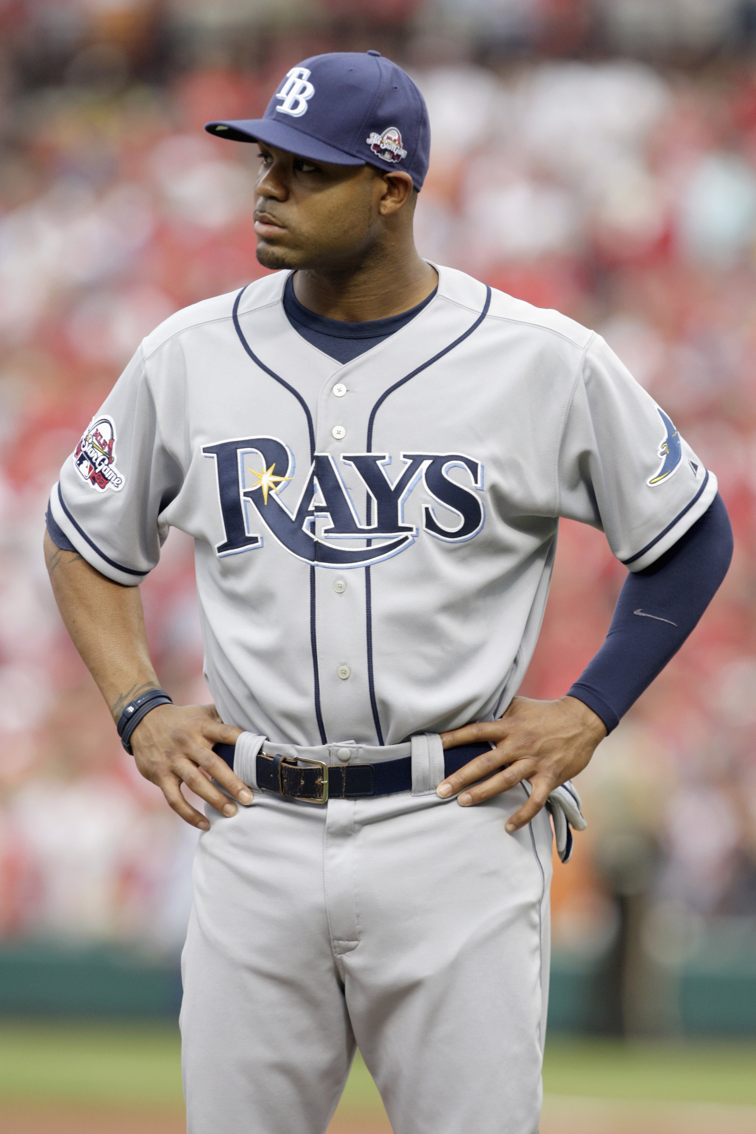 ST. LOUIS, MO - JULY 14: American League All-Star Carl Crawford of Tampa Bay Rays looks on during the lineup before the 2009 MLB All-Star Game at Busch Stadium on July 14, 2009 in St Louis, Missouri. (Photo by Pool/Getty Images)