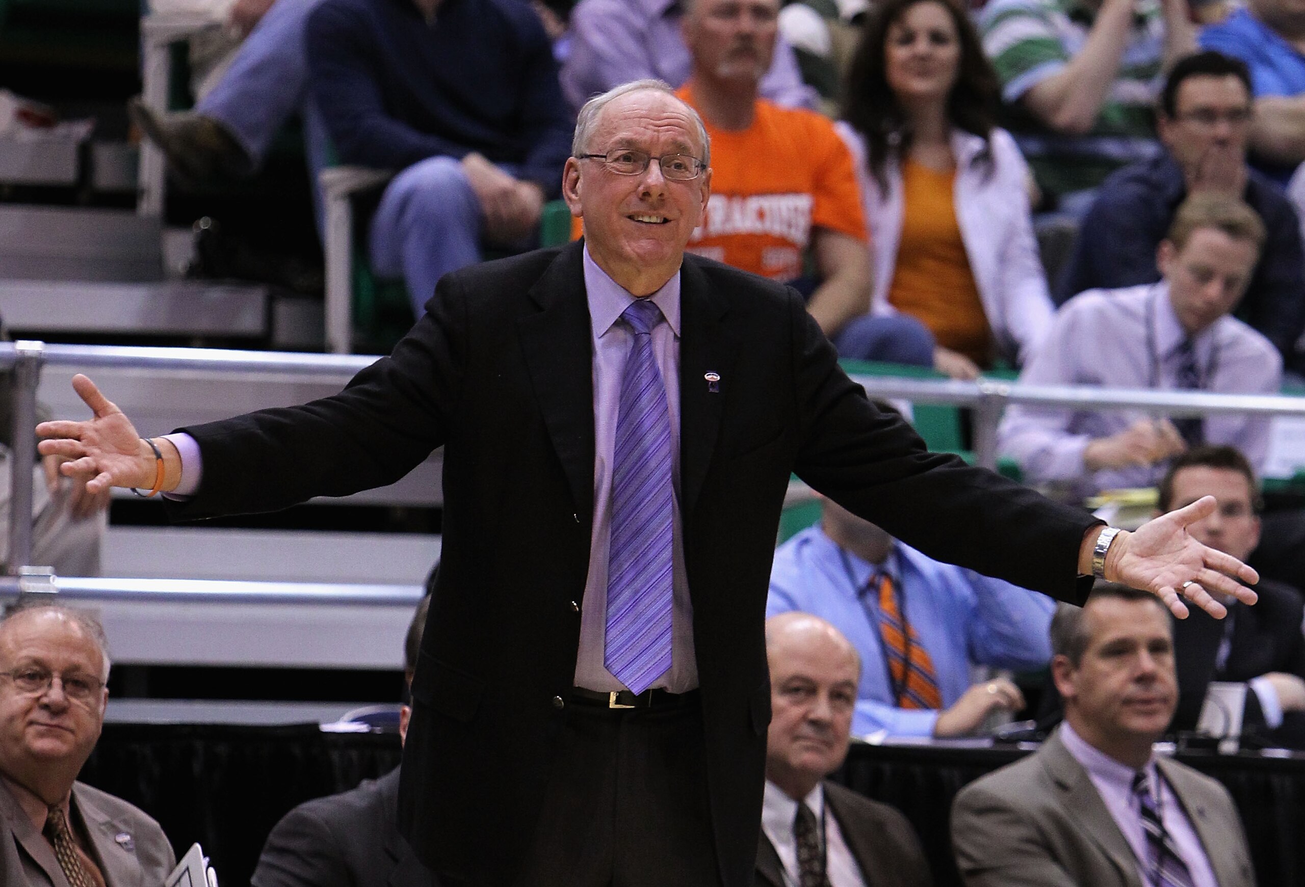 SALT LAKE CITY - MARCH 25:  Head coach Jim Boeheim of the Syracuse Orange reacts during the west regional semifinal of the 2010 NCAA men's basketball tournament against the Butler Bulldogs at the Energy Solutions Arena on March 25, 2010 in Salt Lake City,