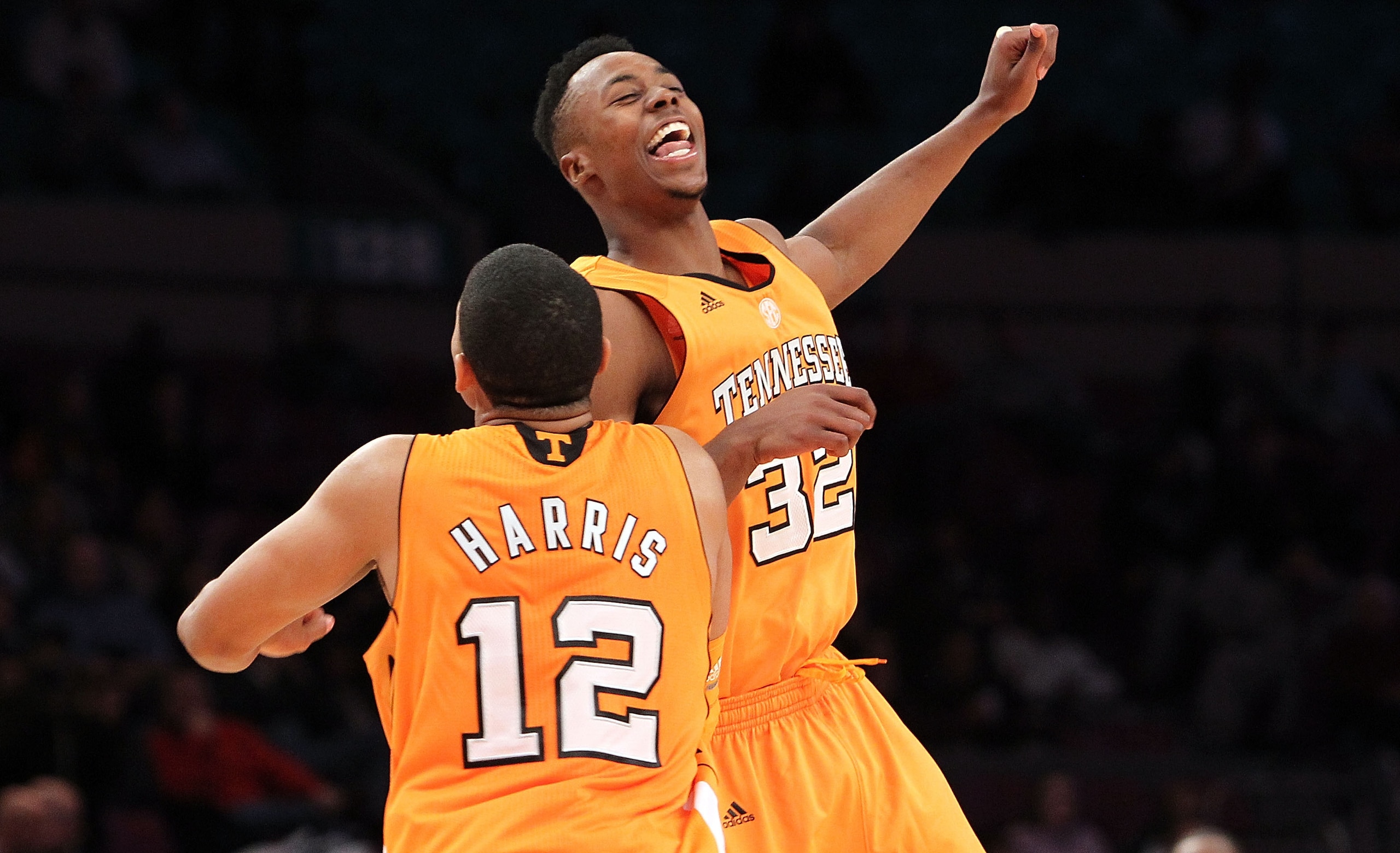 NEW YORK - NOVEMBER 26:  Tobias Harris #12 of the Tennessee Volunteers celebrates a basket with teammate Scotty Hopson #32 against the Villanova Wildcats  during the Championship game at Madison Square Garden on November 26, 2010 in New York City.  (Photo