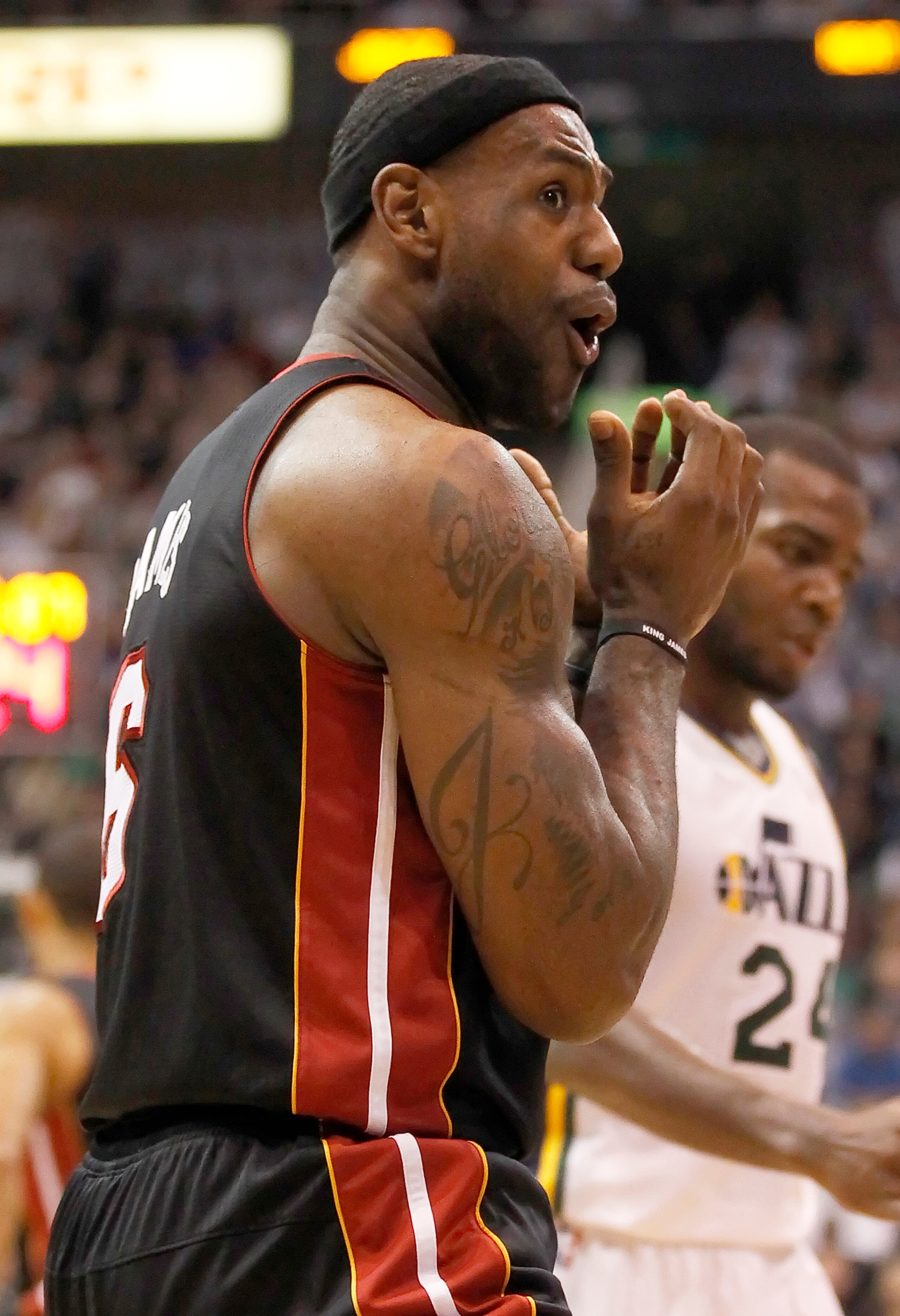 SALT LAKE CITY, UT - DECEMBER 8: LeBron James #6 of the Miami Heat reacts to an offensive foul in a game against the Utah Jazz during the first half of an NBA game December 8, 2010 at Energy Solutions Arena in Salt Lake City, Utah. NOTE TO USER:  User exp