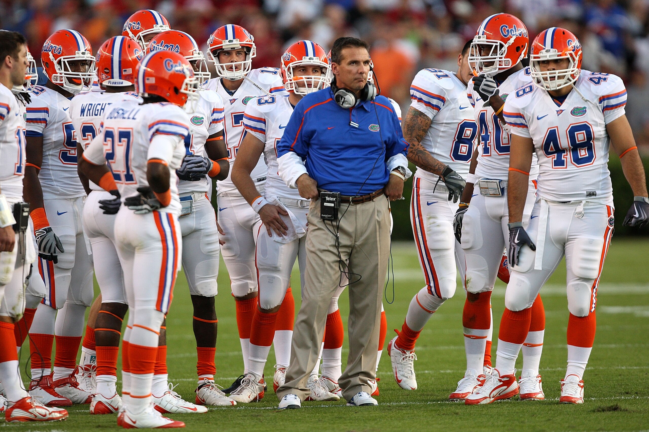 COLUMBIA, SC - NOVEMBER 14:  Head coach Urban Meyer of the Florida Gators stands with his team during a timeout against the South Carolina Gamecocks during their game at Williams-Brice Stadium on November 14, 2009 in Columbia, South Carolina.  (Photo by S