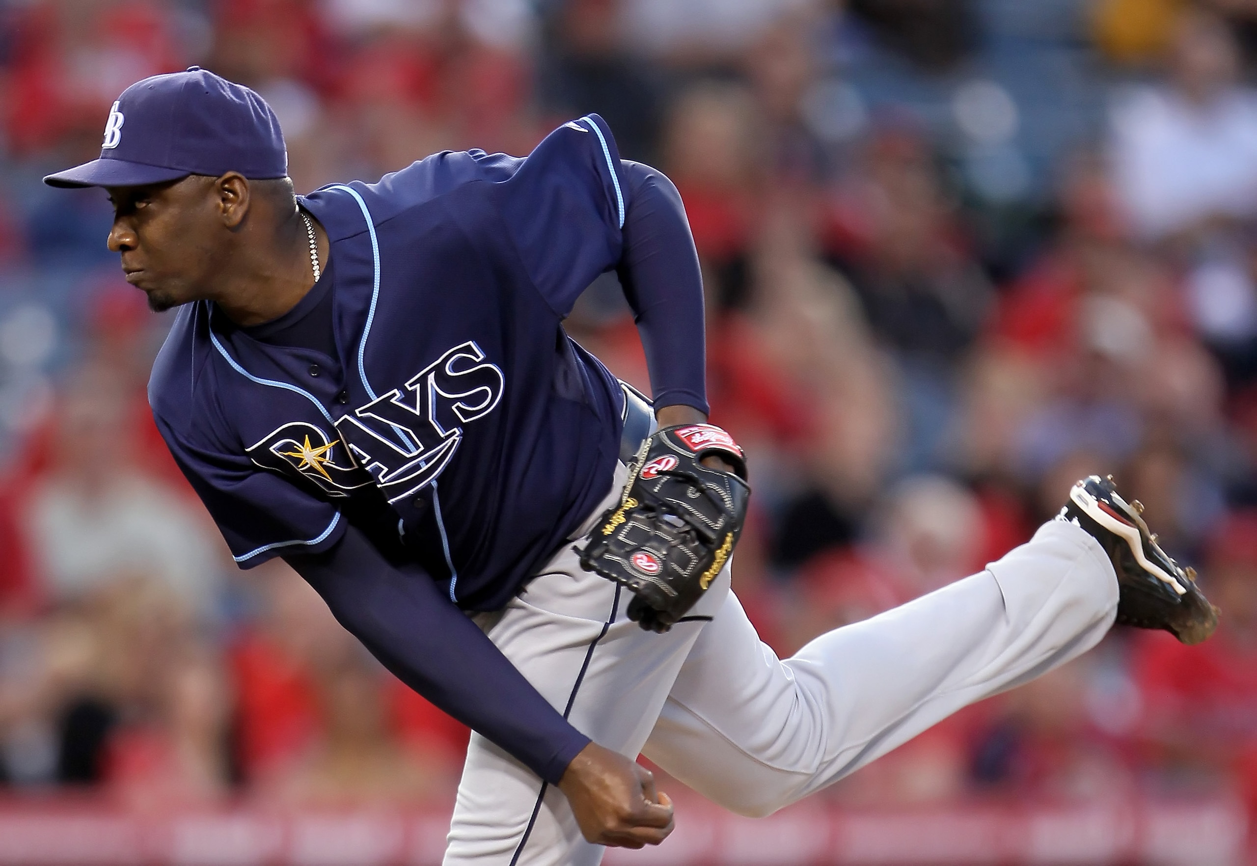 ANAHEIM, CA - MAY 12:  Relief pitcher Rafael Soriano #29 of the Tampa Bay Rays follows through on a pitch in the ninth inning against the Los Angeles Angels of Anaheim at Angel Stadium on May 12, 2010 in Anaheim, California. The Rays defeated the Angels 4