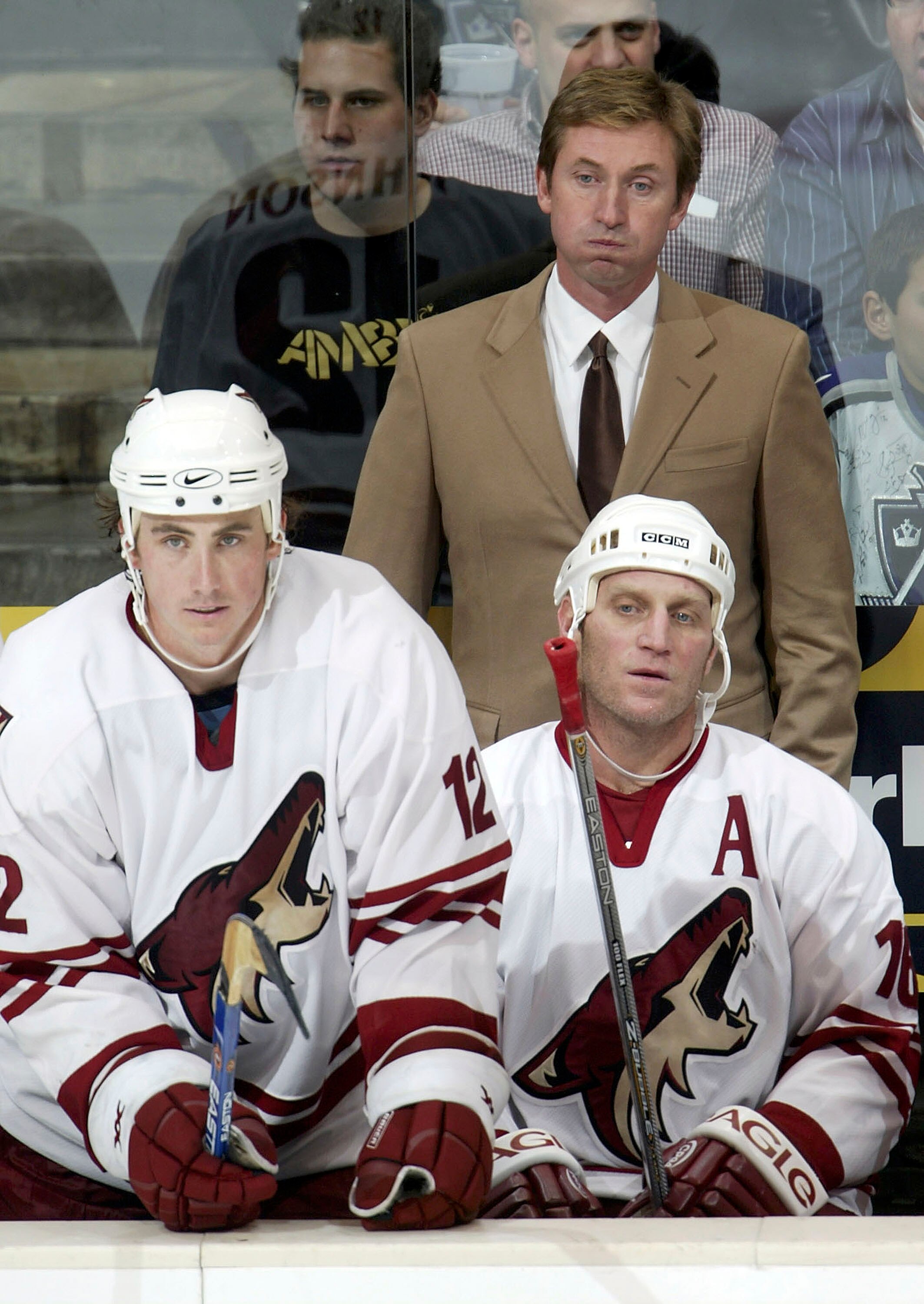 LOS ANGELES - OCTOBER 6:  Head coach Wayne Gretzky of the Phoenix Coyotes looks on from the bench behind Mike Johnson #12 and Brett Hull #16 during the third period of their game against the Los Angeles Kings at the Staples Center on October 6, 2005 in Lo