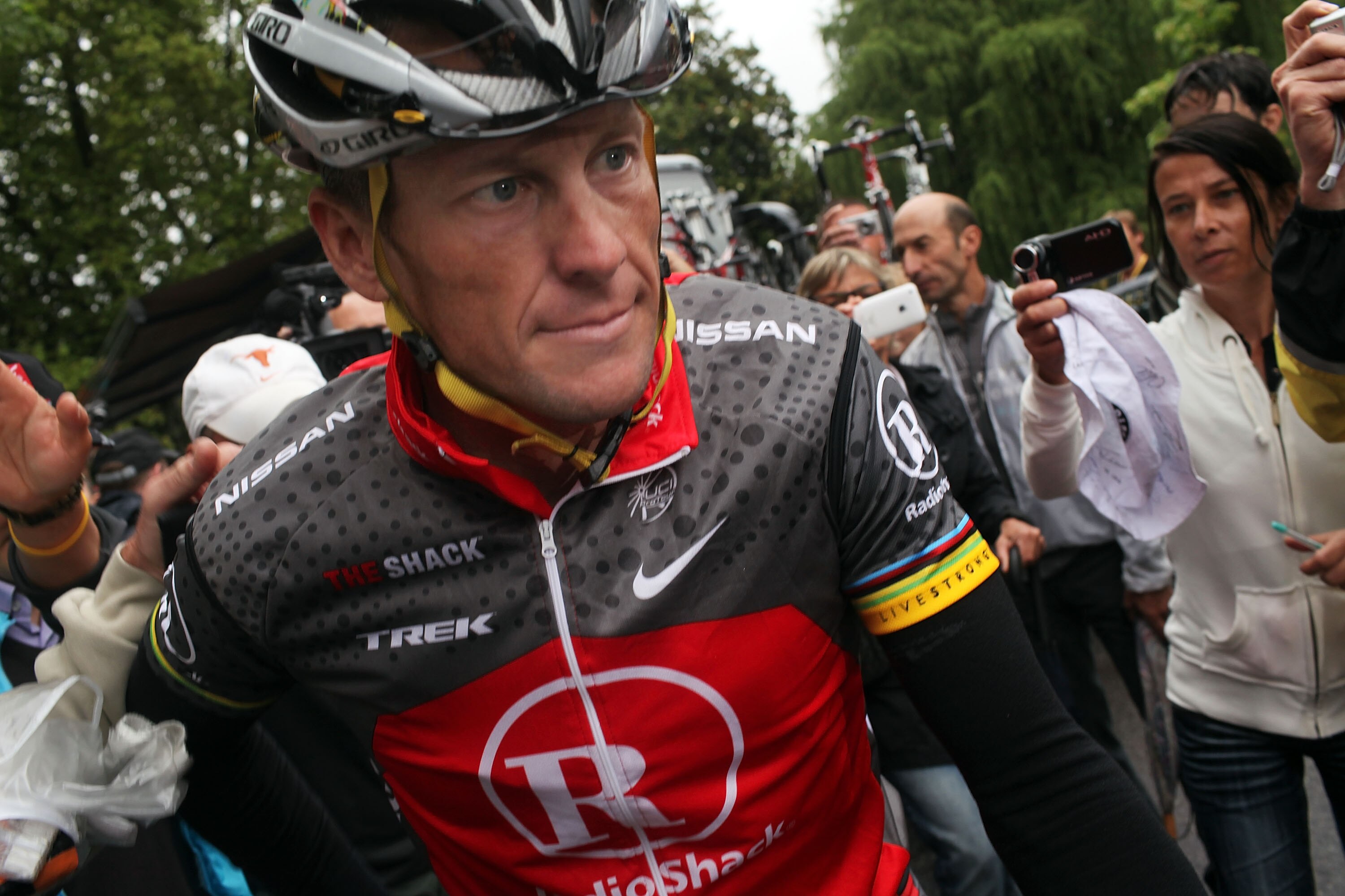 PAU, FRANCE - JULY 22: Lance Armstrong with team RadioShack heads to the start of stage 17 of the Tour de France on July 22, 2010 in Pau, France. Luxembourg's Andy Schleck won the stage while Spaniard Alberto Contador kept the race leaders yellow jersey.