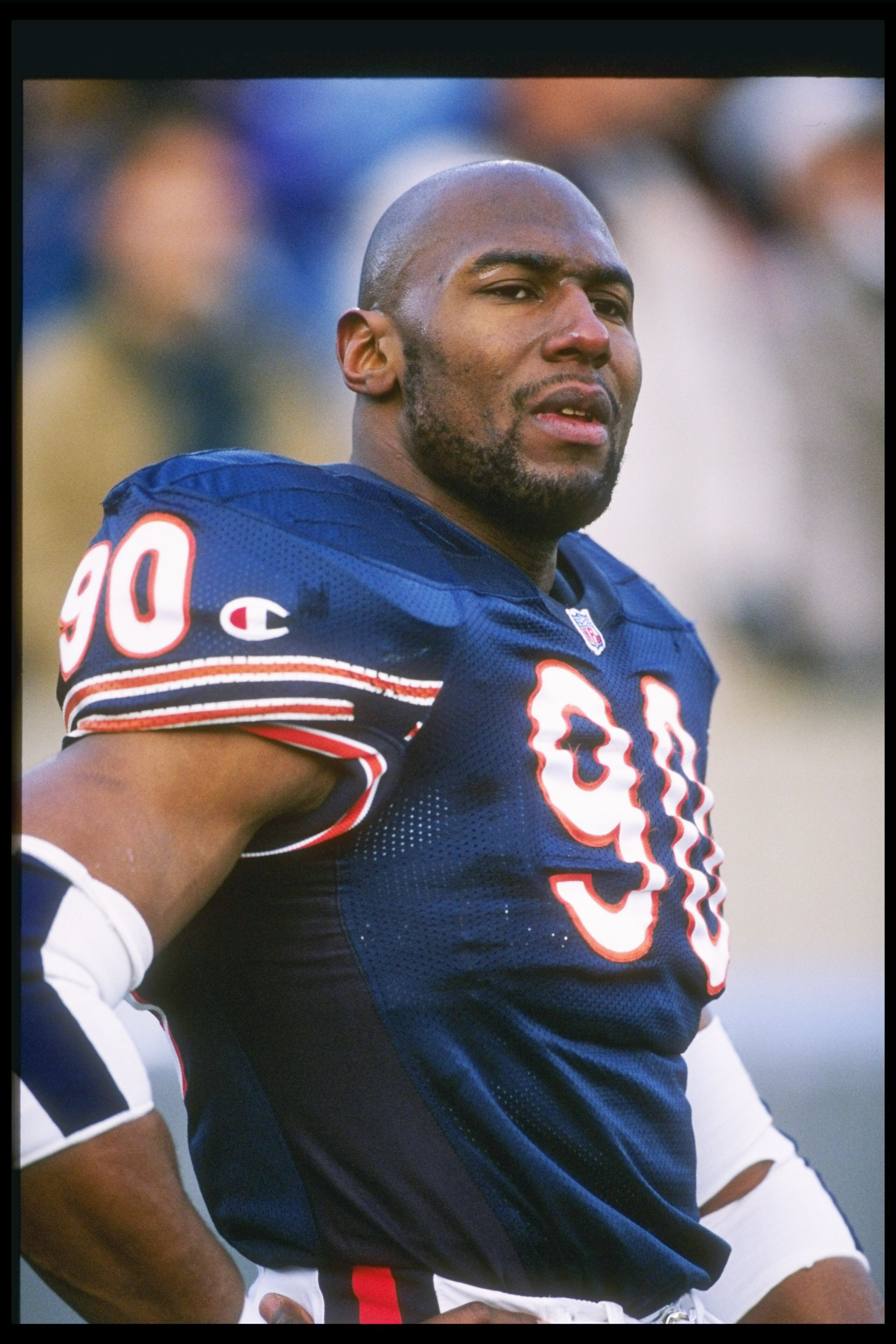 14 Dec 1996:  Defensive lineman Alonzo Spellman of the Chicago Bears looks on during a game against the San Diego Chargers at Soldier Field in Chicago, Illinois.  The Bears won the game, 27-14. Mandatory Credit: Jonathan Daniel  /Allsport