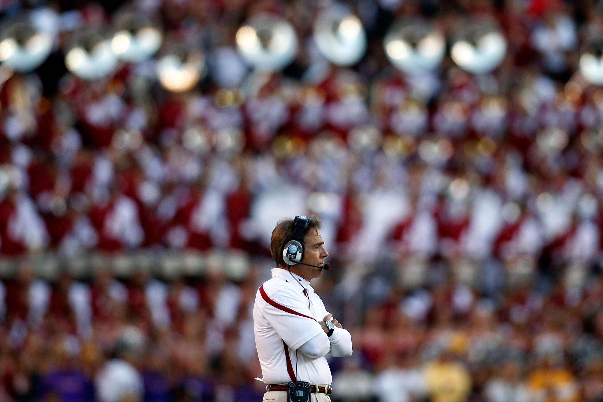 BATON ROUGE, LA - NOVEMBER 06:  Head coach Nick Saban of the Alabama Crimson Tide watches a play during the game against the Louisiana State University Tigers at Tiger Stadium on November 6, 2010 in Baton Rouge, Louisiana. The Tigers defeated the Crimson 