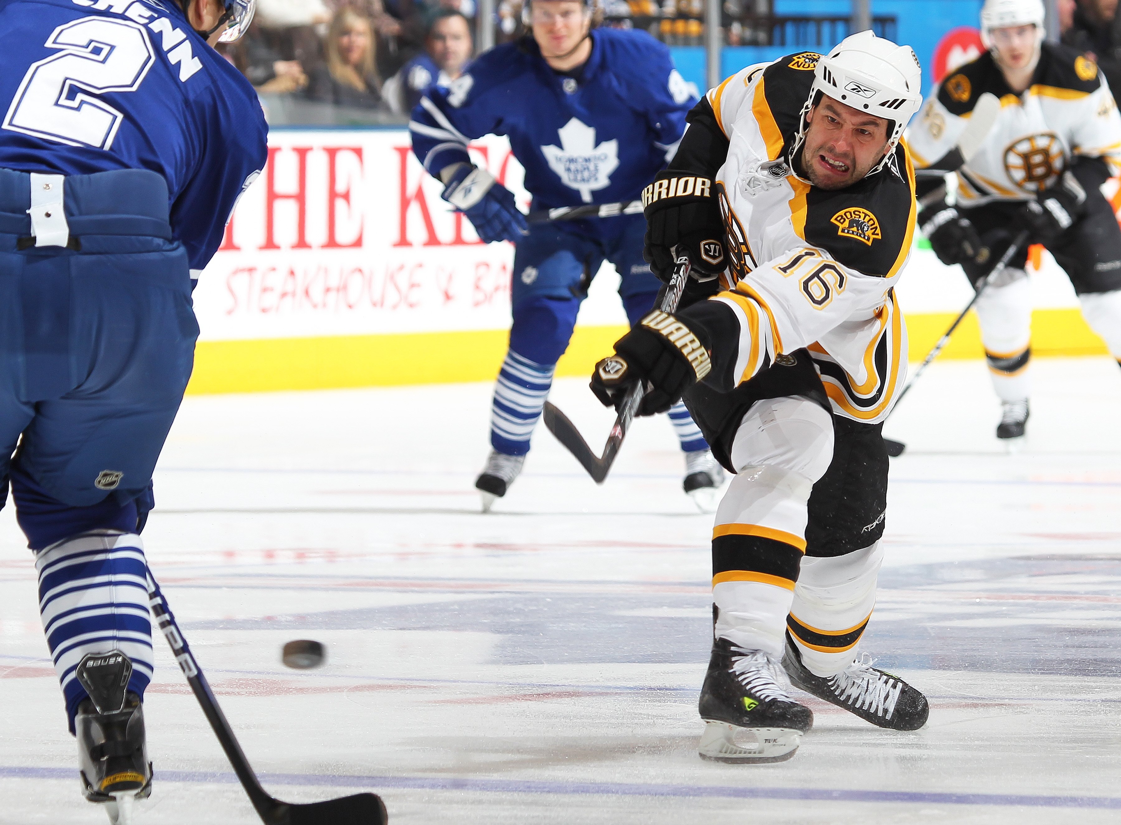 TORONTO, ON - APRIL 3:  Marco Sturm #16 of the Boston Bruins fires a shot in a game against the Toronto Maple Leafs on April 3, 2010 at the Air Canada Centre in Toronto, Ontario. The Bruins defeated the Leafs 2-1 in overtime. (Photo by Claus Andersen/Gett