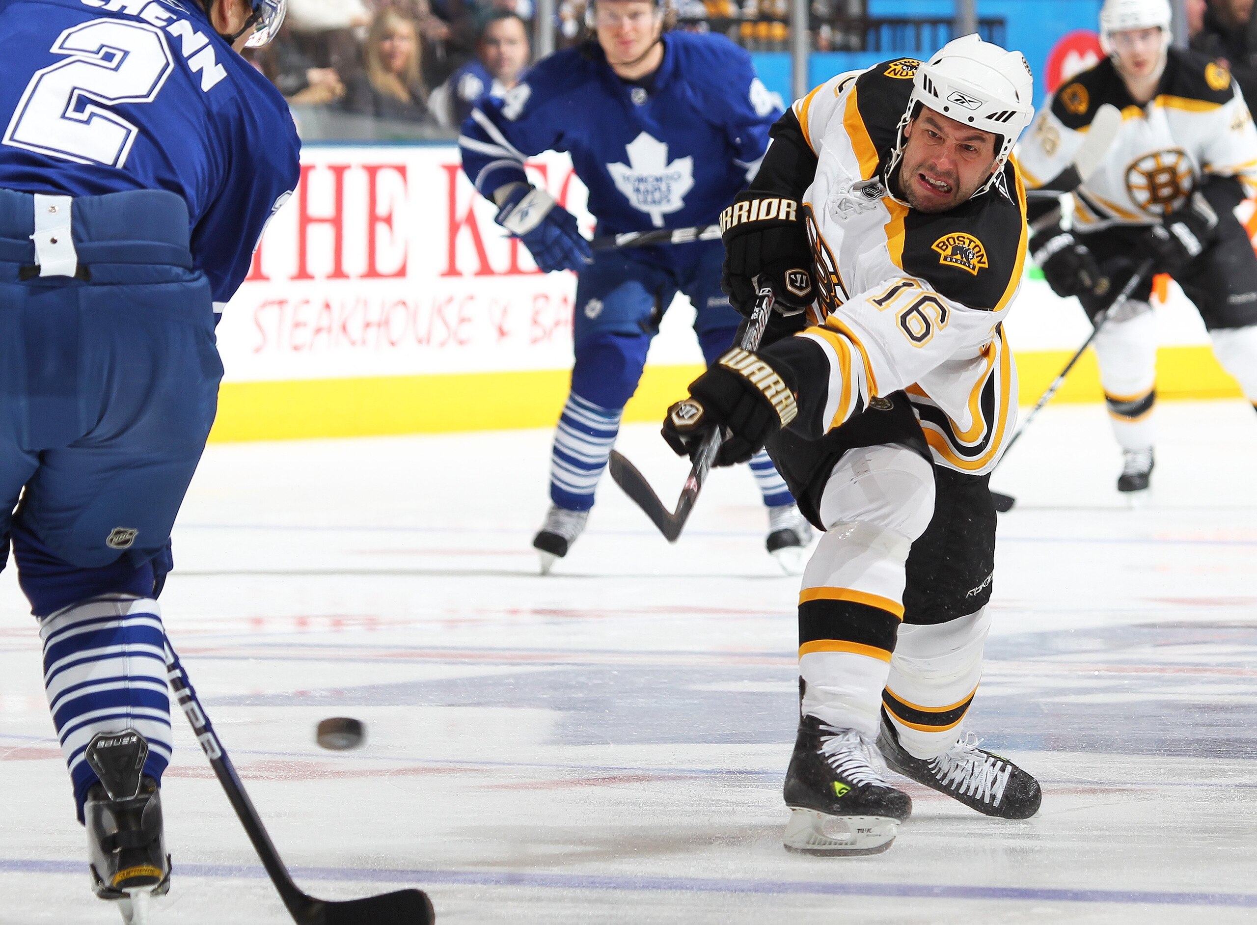 TORONTO, ON - APRIL 3:  Marco Sturm #16 of the Boston Bruins fires a shot in a game against the Toronto Maple Leafs on April 3, 2010 at the Air Canada Centre in Toronto, Ontario. The Bruins defeated the Leafs 2-1 in overtime. (Photo by Claus Andersen/Gett