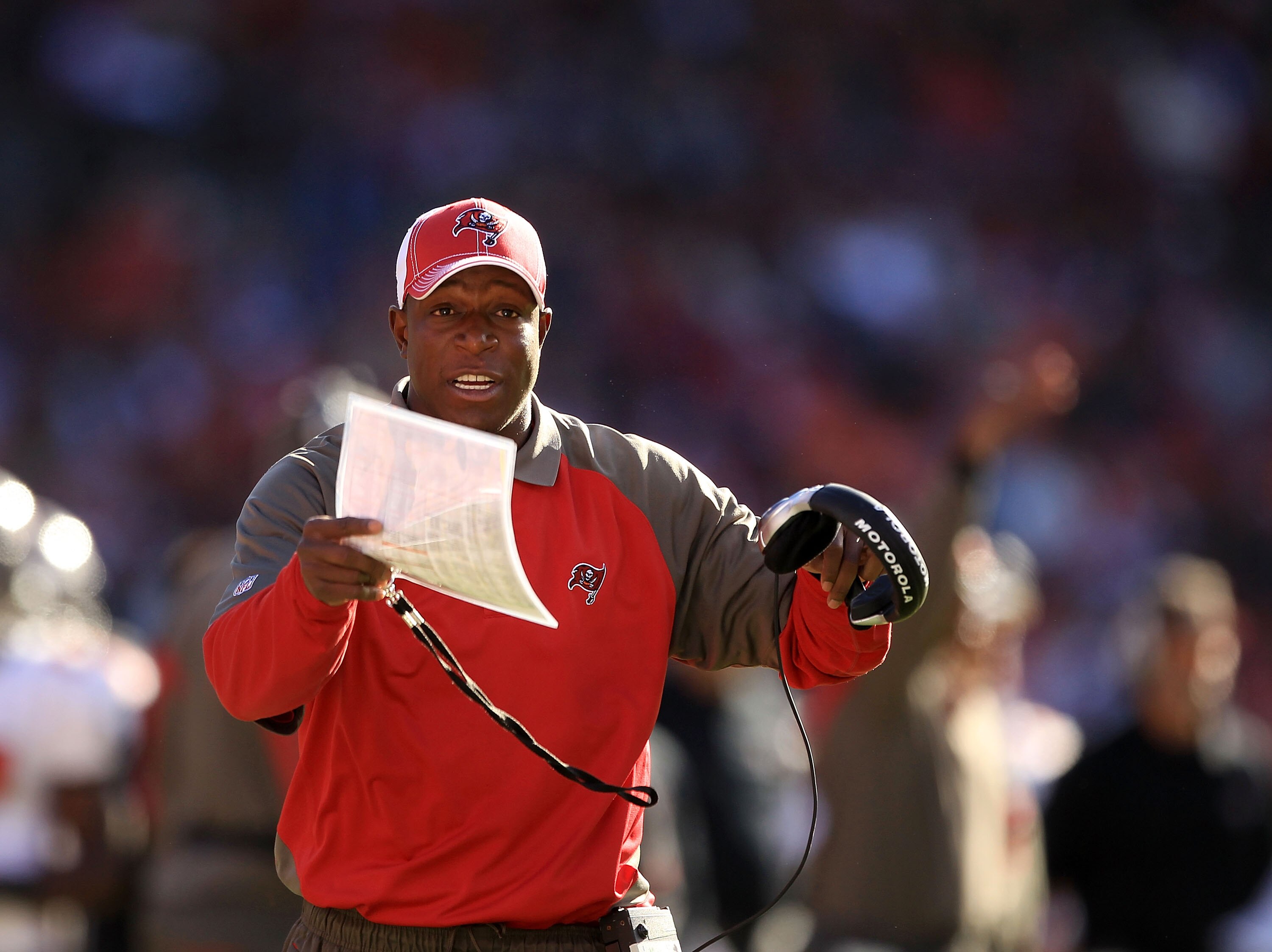 SAN FRANCISCO - NOVEMBER 21:  Head coach Raheem Morris of the Tampa Bay Buccaneers walks the sidelines during their game against the San Francisco 49ers at Candlestick Park on November 21, 2010 in San Francisco, California.  (Photo by Ezra Shaw/Getty Imag