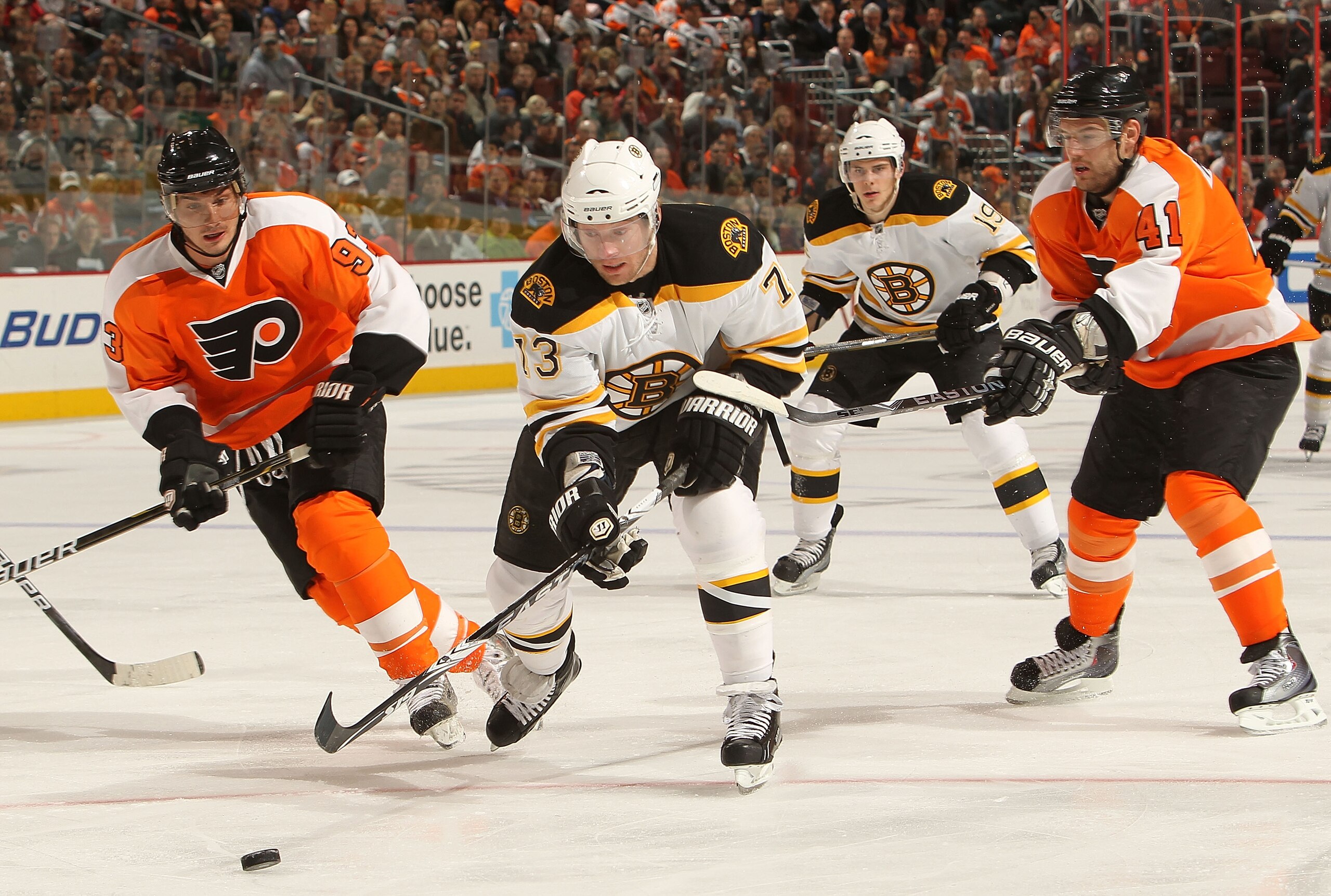 PHILADELPHIA, PA - DECEMBER 01: Michael Ryder #73 of the Boston Bruins skates with the puck against the Philadelphia Flyers at the Wells Fargo Center on December 1, 2010 in Philadelphia, Pennsylvania.  (Photo by Nick Laham/Getty Images)