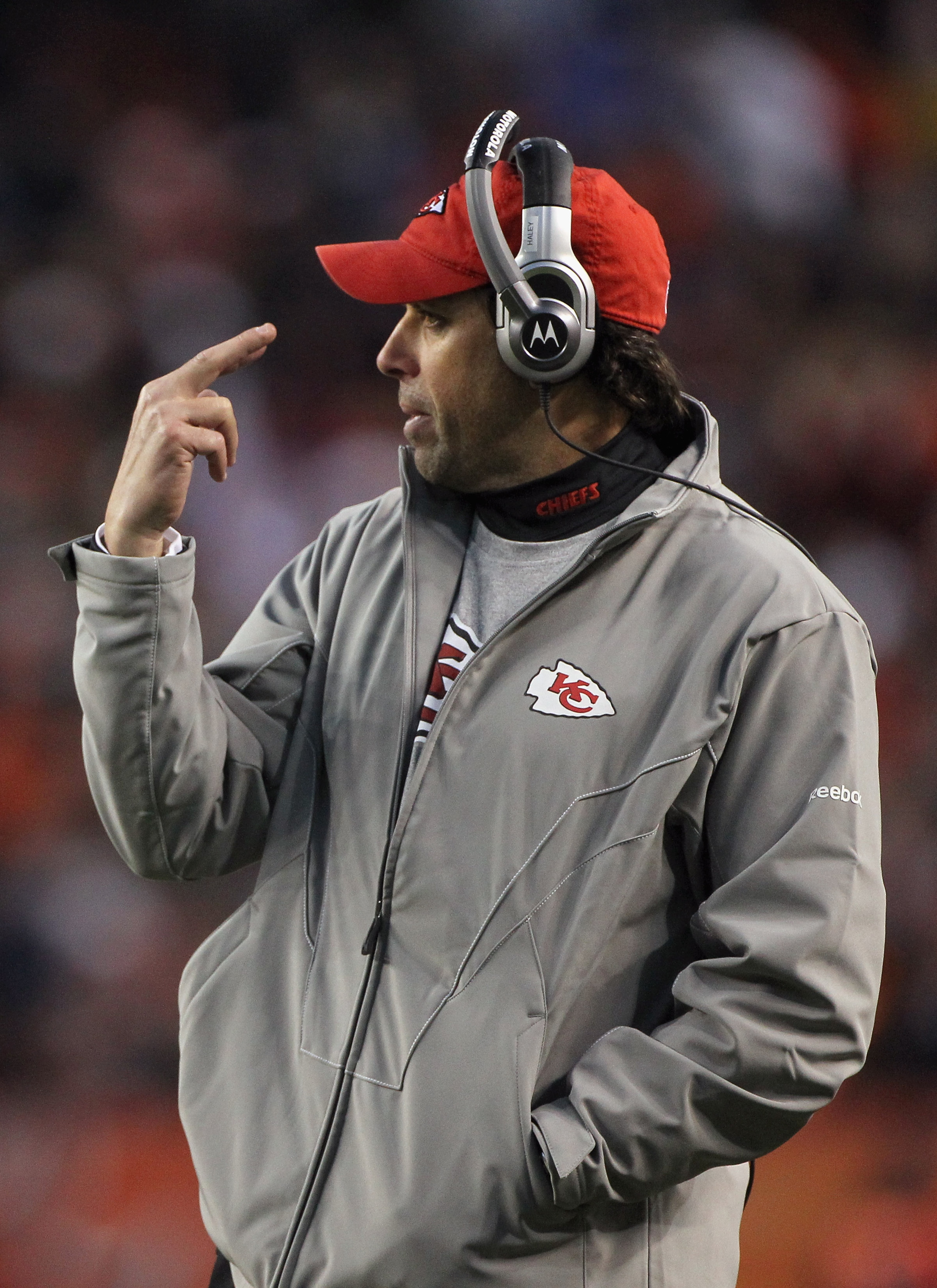 DENVER - NOVEMBER 14:  Head coach Todd Haley of the Kansas City Chiefs questions a call as they face the Denver Broncos at INVESCO Field at Mile High on November 14, 2010 in Denver, Colorado. The Broncos defeated the Chiefs 49-29.  (Photo by Doug Pensinge