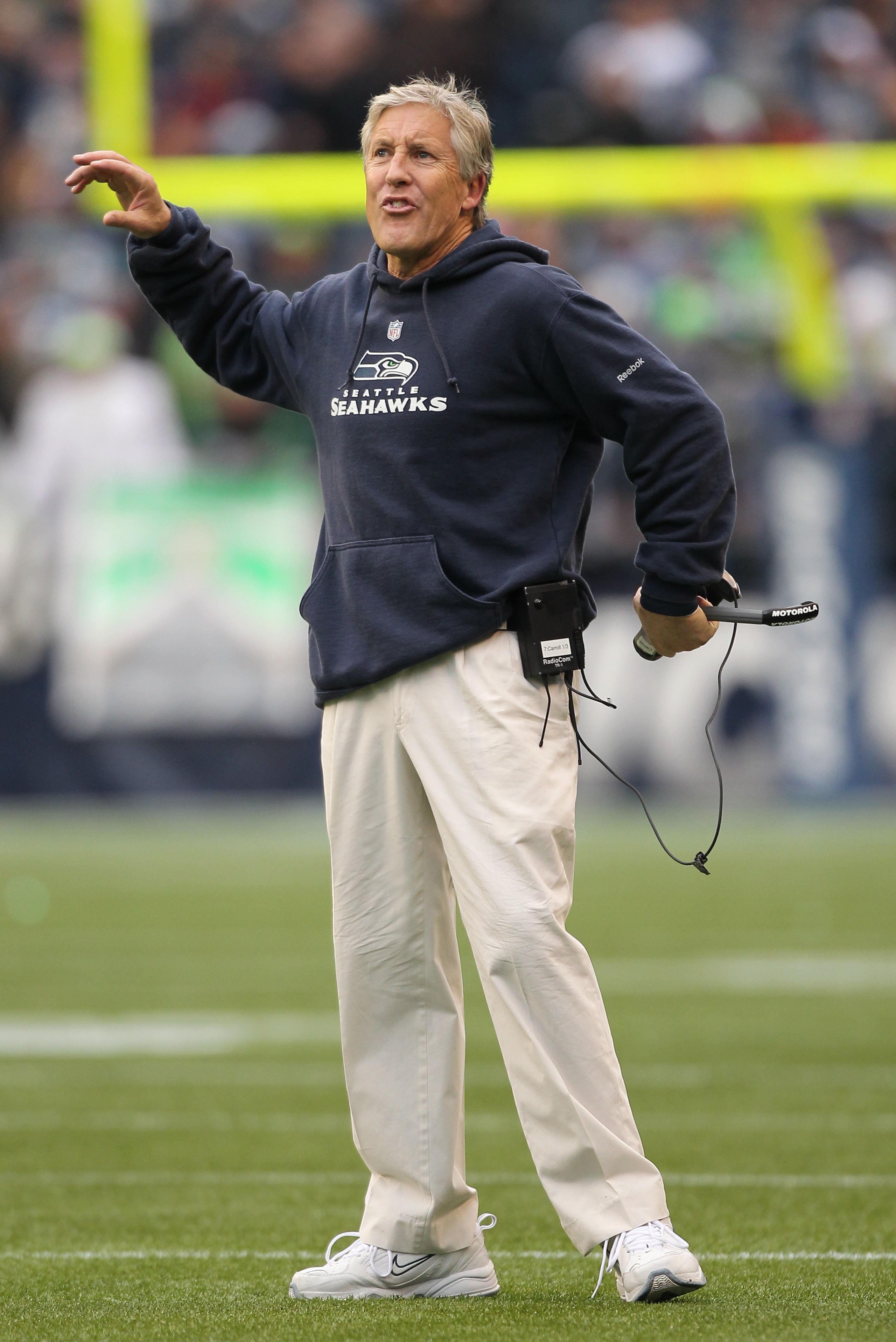 SEATTLE - DECEMBER 05:  Head coach Pete Carroll of the Seattle Seahawks gestures during the game against the Carolina Panthers at Qwest Field on December 5, 2010 in Seattle, Washington. The Seahawks won, 31-14. (Photo by Otto Greule Jr/Getty Images)