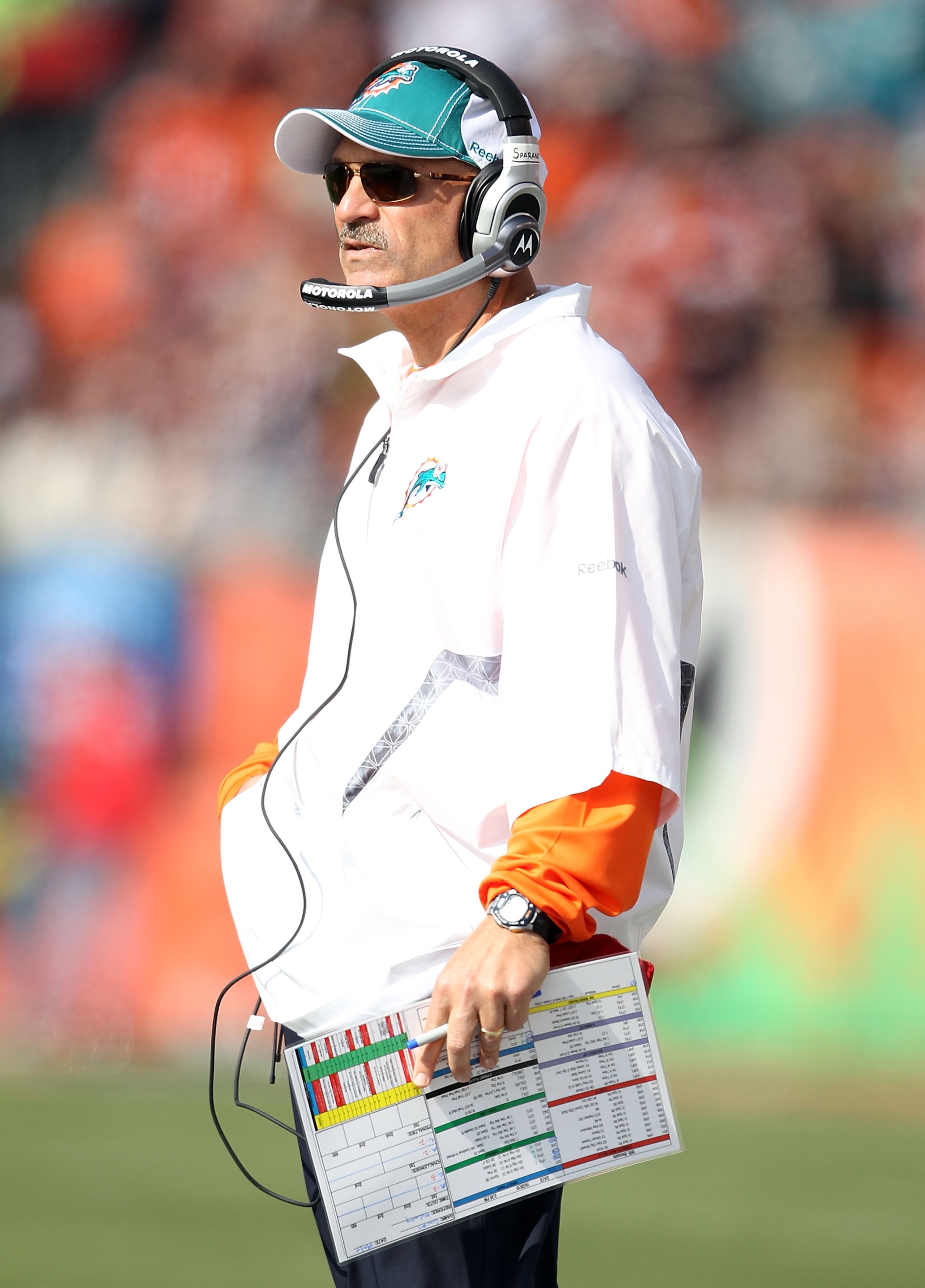 CINCINNATI - OCTOBER 31:  Tony Sparano the Head Coach of the Miami Dolphins gives instructions to his team during the NFL game against the Cincinnati Bengals at Paul Brown Stadium on October 31, 2010 in Cincinnati, Ohio.  (Photo by Andy Lyons/Getty Images