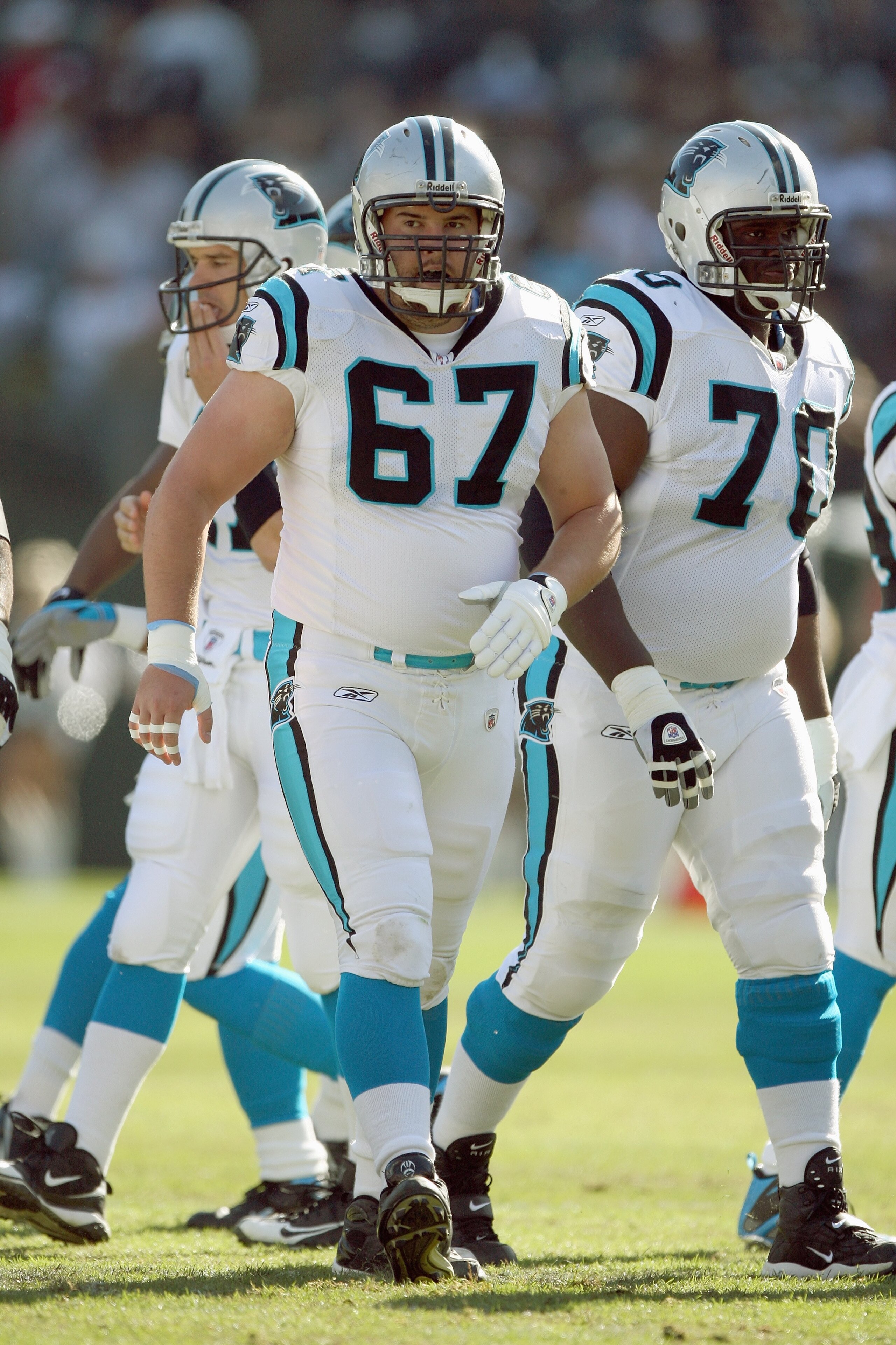 OAKLAND - NOVEMBER 9:  Ryan Kalil #67 of the Carolina Panthers walks on the field during the game against the Oakland Raiders at the Oakland-Alameda County Coliseum on November 9, 2008 in Oakland, California. (Photo by: Jed Jacobsohn/Getty Images)