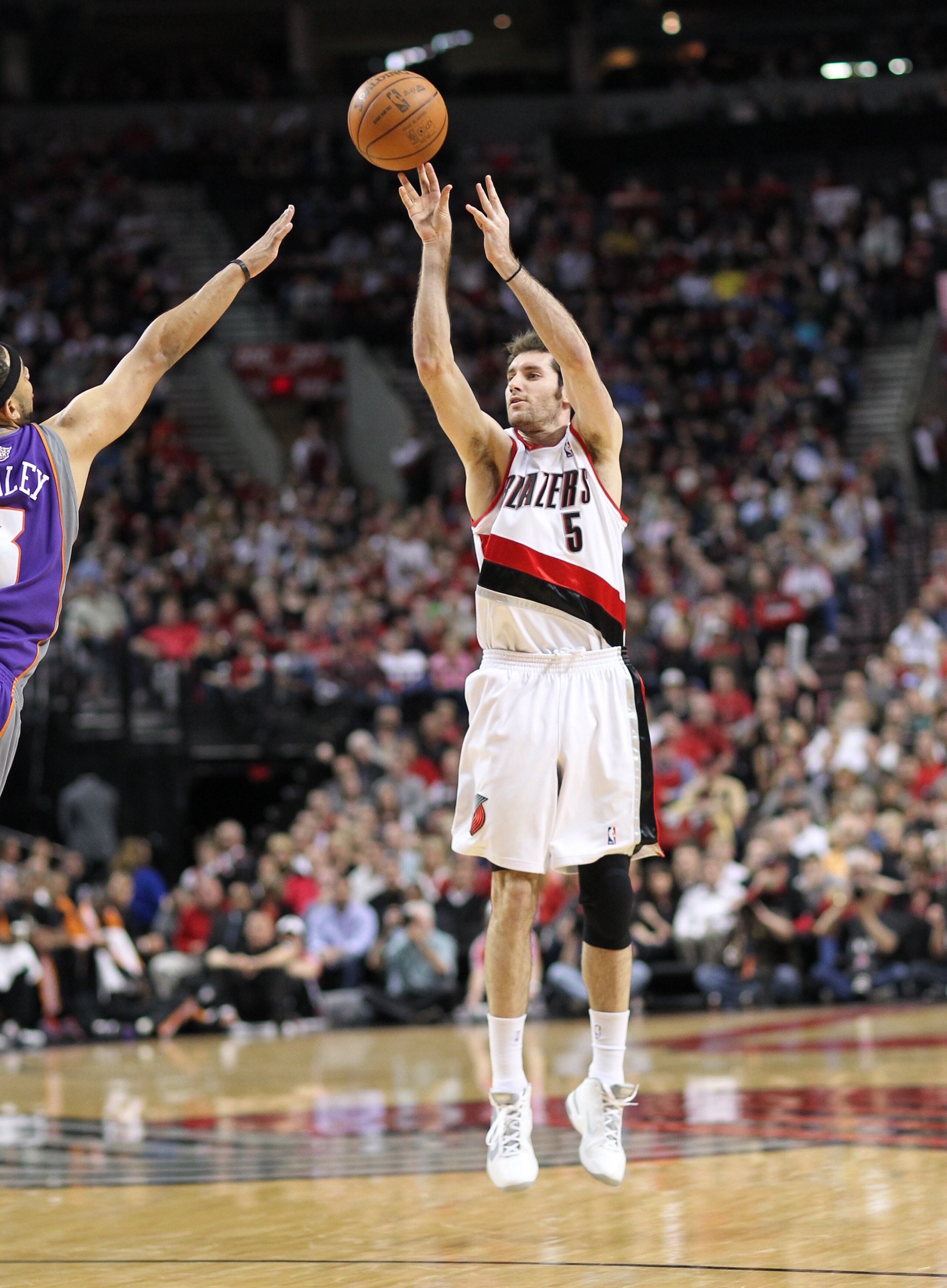 PORTLAND, OR - APRIL 29:  Rudy Fernandez #5 of the Portland Trail Blazers shoots against the Phoenix Suns during Game Six of the Western Conference Quarterfinals of the NBA Playoffs on April 29, 2010 at the Rose Garden in Portland, Oregon. NOTE TO USER: U