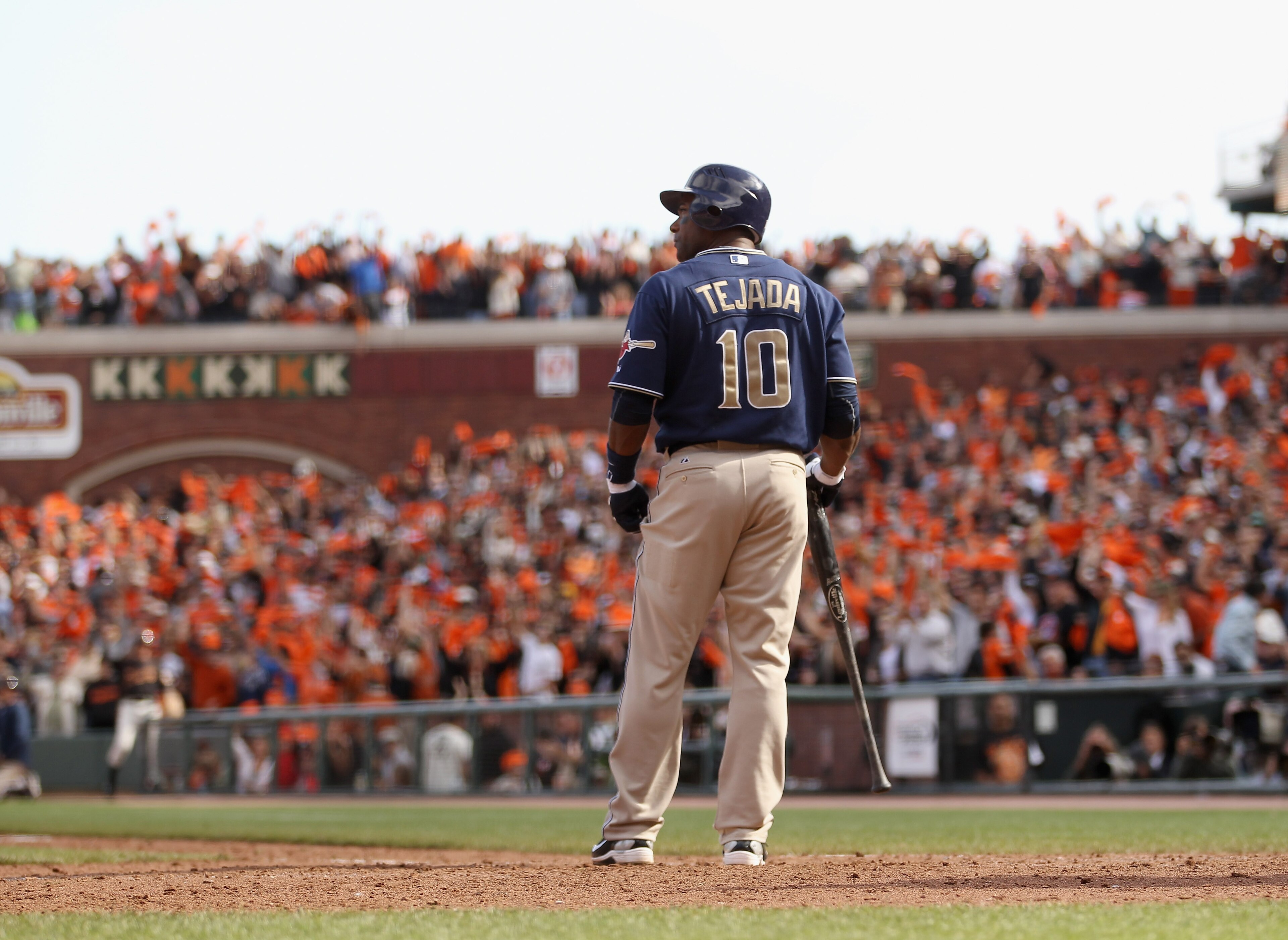 SAN FRANCISCO - OCTOBER 03: Miguel Tejada #10 of the San Diego Padres stands at home plate after he struck out with two runners on base to end the seventh inning of their game against the San Francisco Giants at AT&T Park on October 3, 2010 in San Franci SAN FRANCISCO - OCTOBER 03: Miguel Tejada #10 of the San Diego Padres stands at home plate after he struck out with two runners on base to end the seventh inning of their game against the San Francisco Giants at AT&T Park on October 3, 2010 in San Franci
