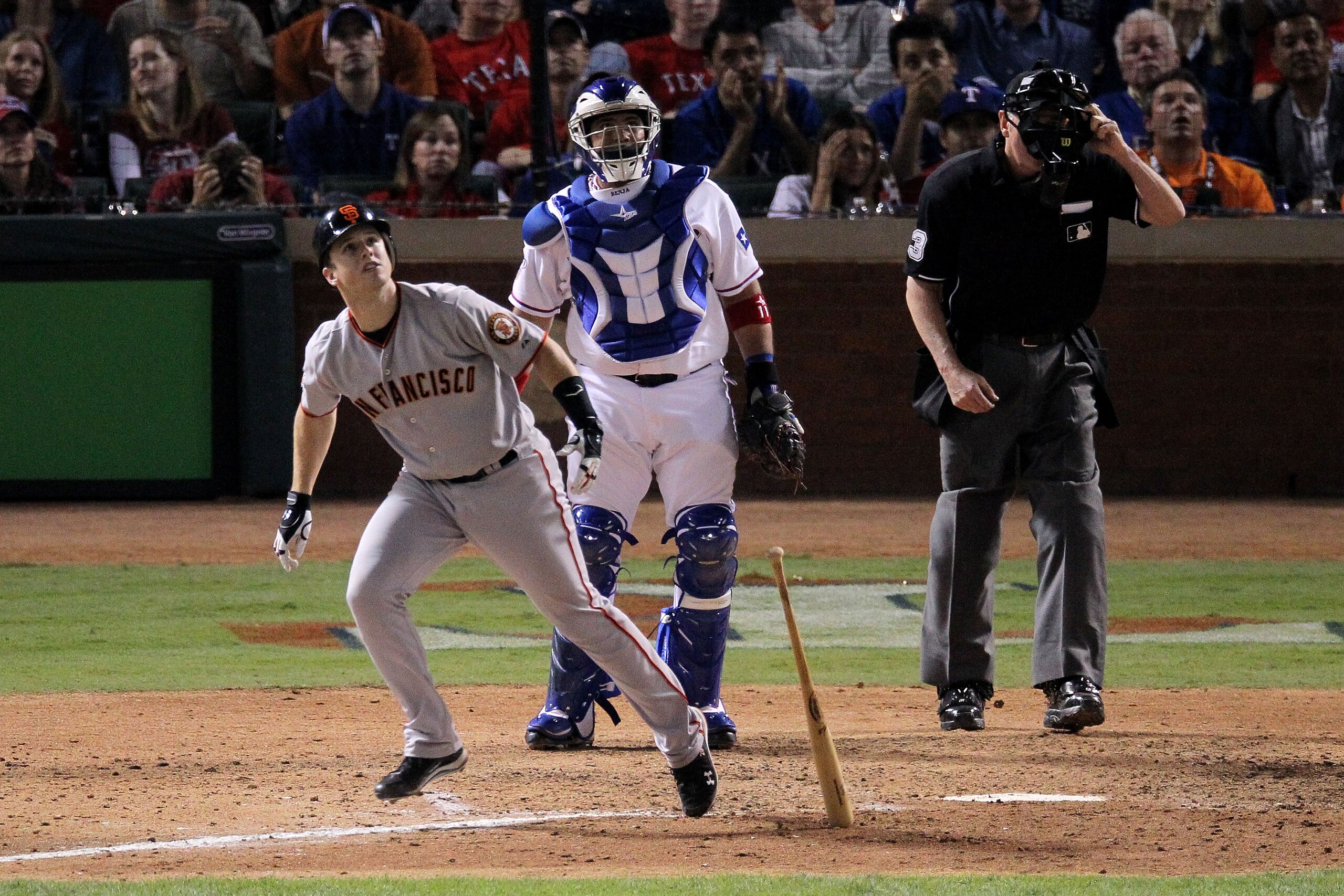 ARLINGTON, TX - OCTOBER 31:  Buster Posey #28 of the San Francisco Giants runs the first baseline after hitting a home run against the Texas Rangers during the top of the eighth inning in Game Four of the 2010 MLB World Series at Rangers Ballpark in Arlin