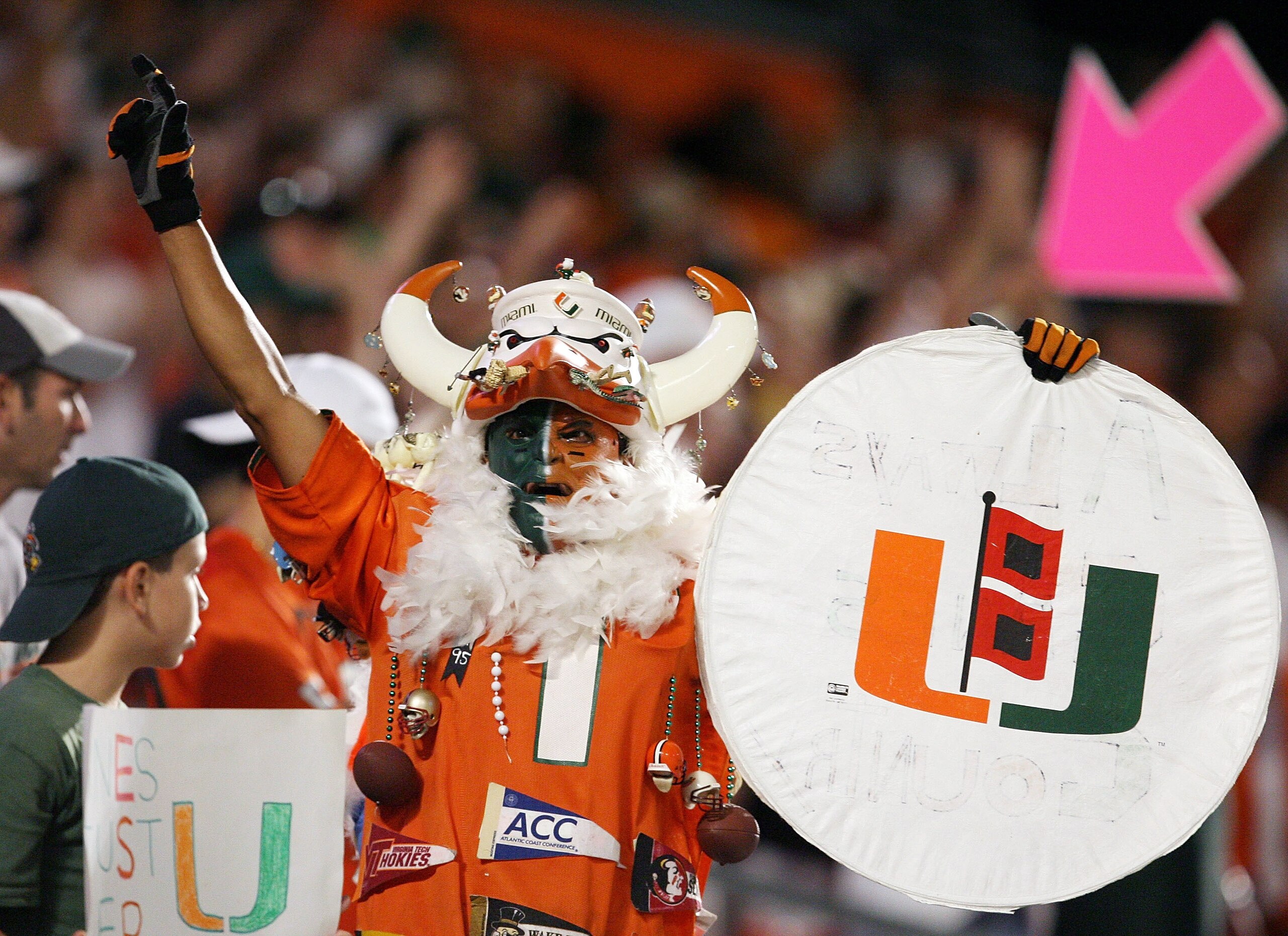 FORT LAUDERDALE, FL - SEPTEMBER 17:A Miami Hurricanes fan celebrates while taking on the Georgia Tech Yellow Jackets at Land Shark Stadium on September 17, 2009 in Fort Lauderdale, Florida. Miami defeated Georgia Tech 33-17.  (Photo by Doug Benc/Getty Ima