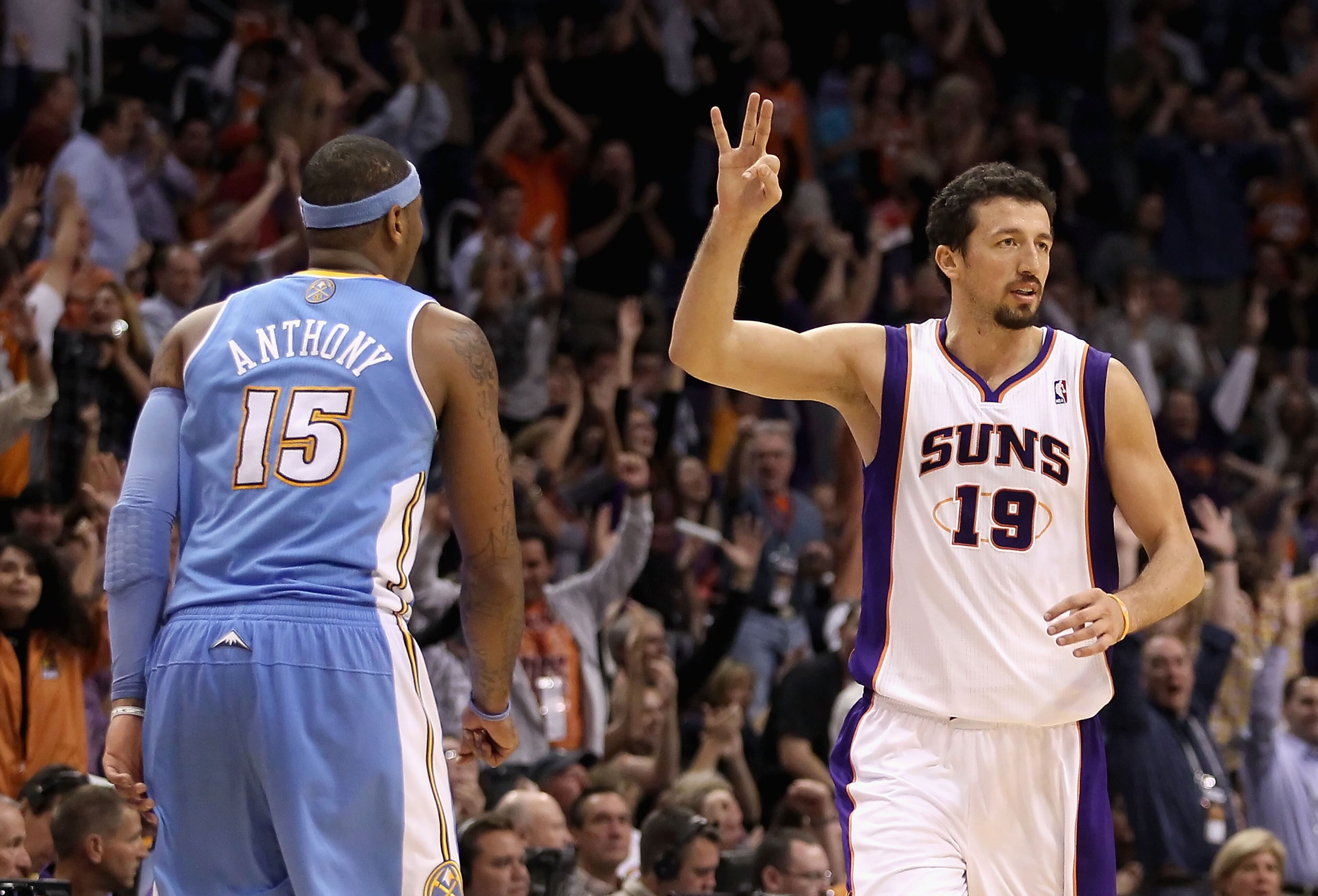 PHOENIX - NOVEMBER 15:  Hedo Turkoglu #19 of the Phoenix Suns reacts after hitting a three point shot against the Denver Nuggets during the NBA game at US Airways Center on November 15, 2010 in Phoenix, Arizona. The Suns defeated the Nuggets 100-94. NOTE