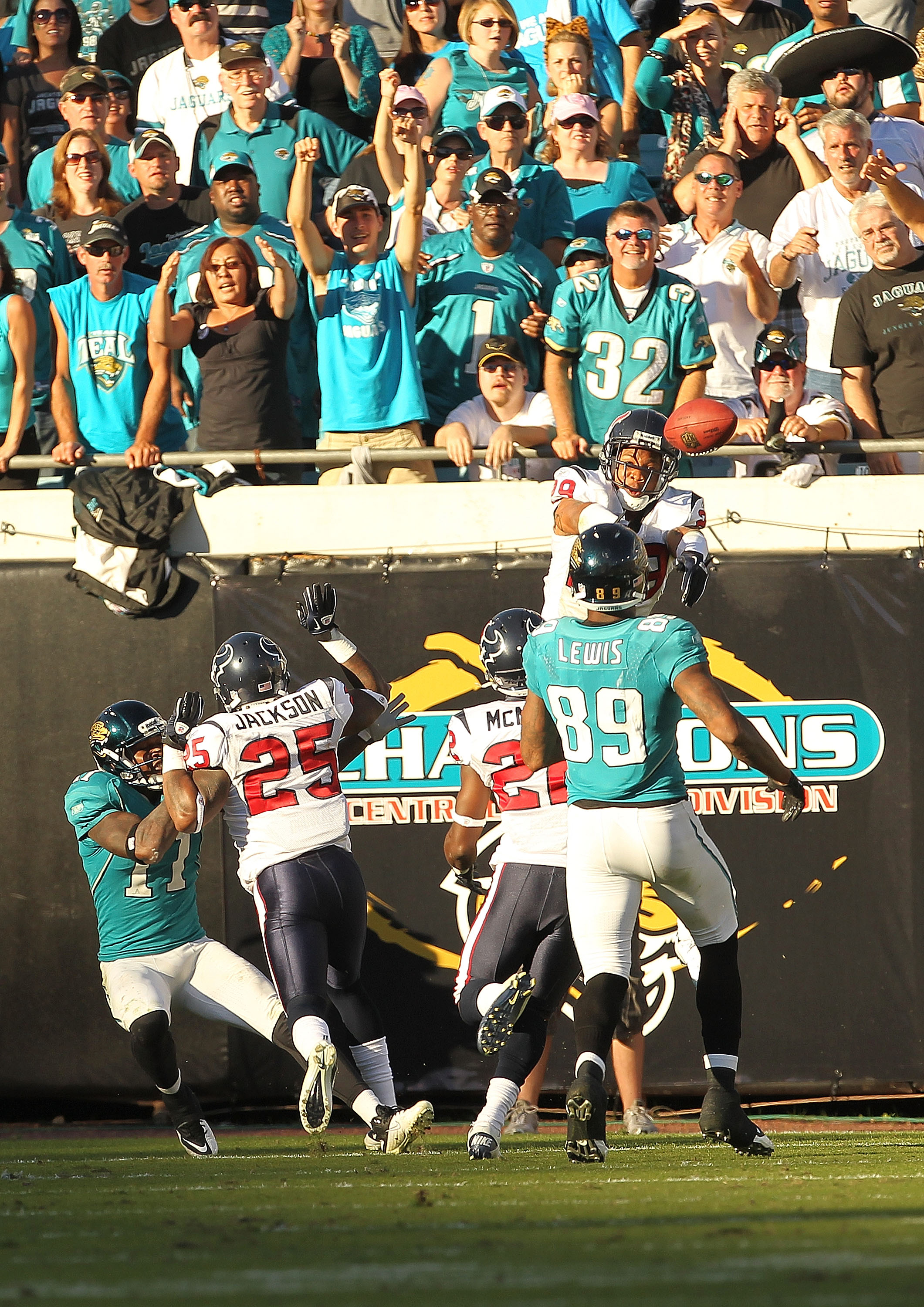 JACKSONVILLE, FL - NOVEMBER 14:  Glover Quin #29 of the Houston Texans bats the ball away in the endzone where it was eventually caught for the winning touchdown during a game against the Jacksonville Jaguars at EverBank Field on November 14, 2010 in Jack