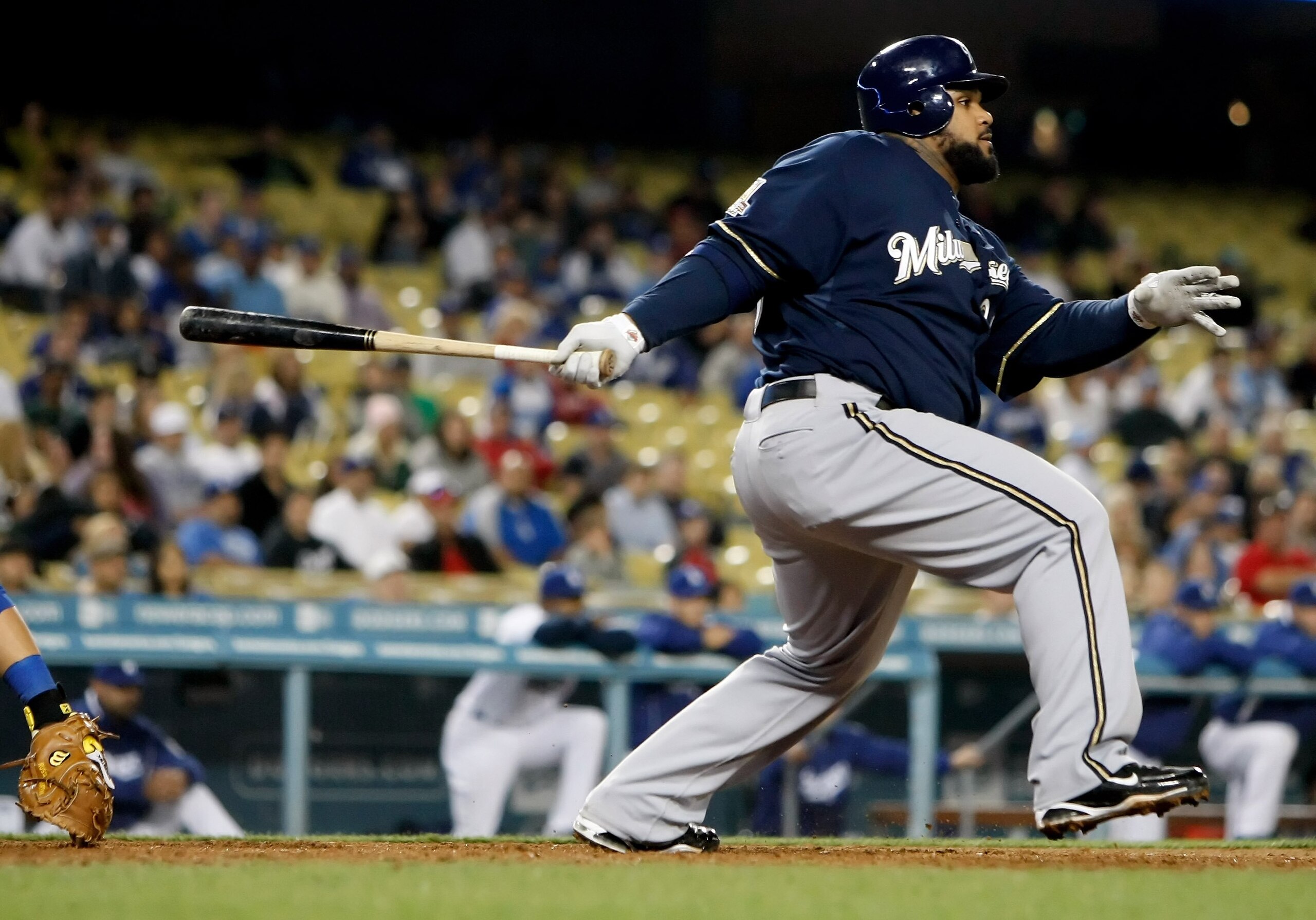 LOS ANGELES, CA - MAY 06:  Prince Fielder #28 of the Milwaukee Brewers bats against the Los Angeles Dodgers at Dodger Stadium on May 6, 2010 in Los Angeles, California.  (Photo by Jeff Gross/Getty Images)