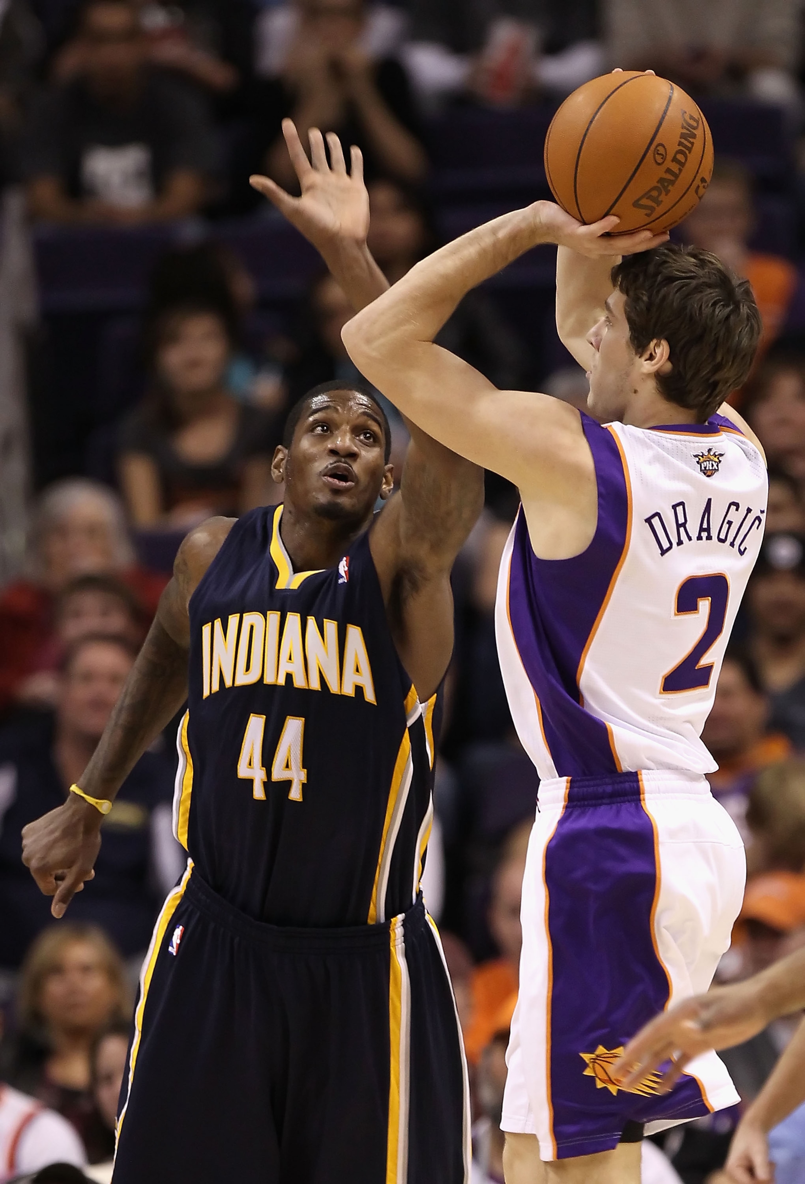 PHOENIX - DECEMBER 03: Goran Dragic #2 of the Phoenix Suns puts up a shot over Solomon Jones #44 of the Indiana Pacers during the NBA game at US Airways Center on December 3, 2010 in Phoenix, Arizona. The Suns defeated the Pacers 105-97. NOTE TO USER: PHOENIX - DECEMBER 03: Goran Dragic #2 of the Phoenix Suns puts up a shot over Solomon Jones #44 of the Indiana Pacers during the NBA game at US Airways Center on December 3, 2010 in Phoenix, Arizona. The Suns defeated the Pacers 105-97. NOTE TO USER: