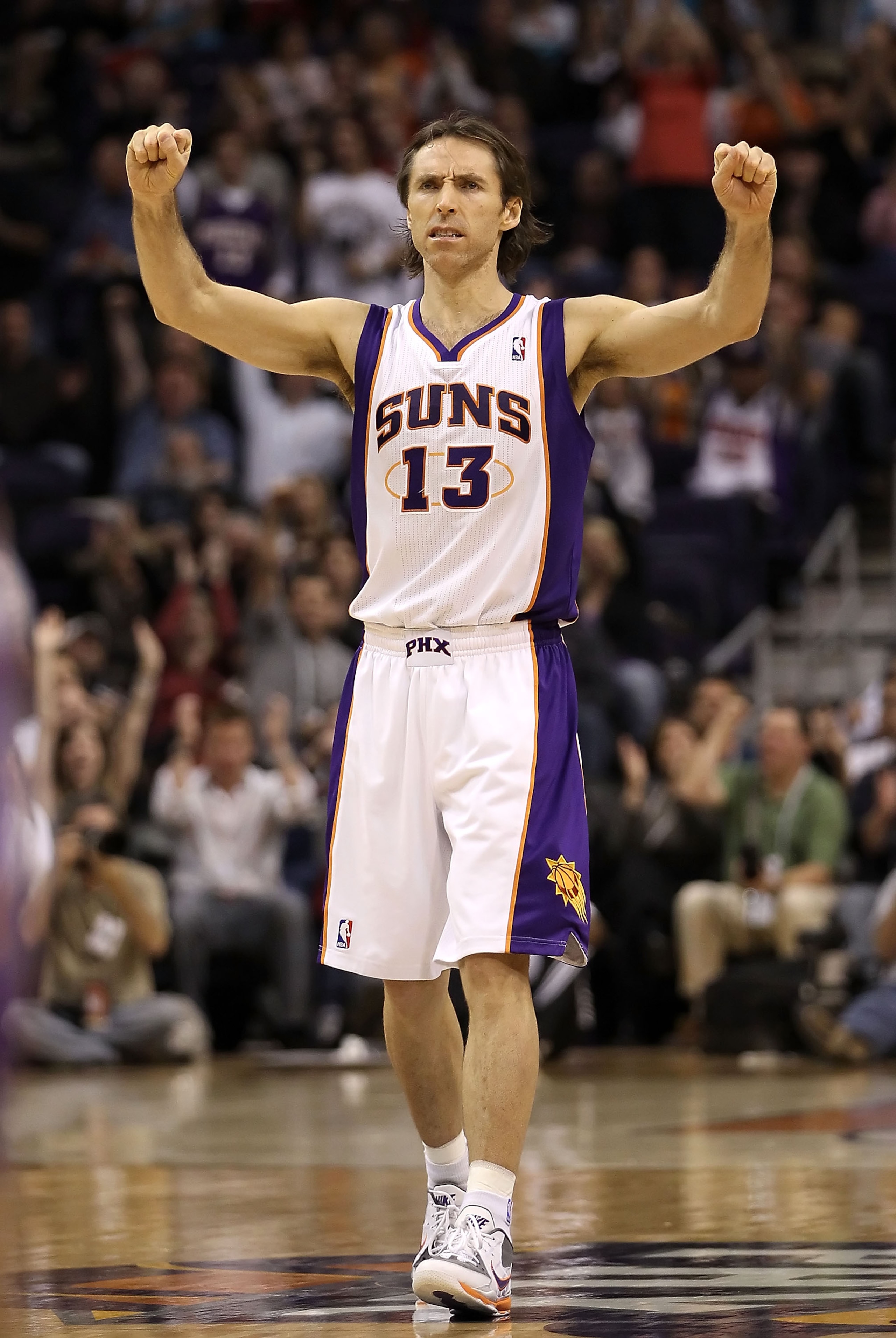 PHOENIX - DECEMBER 03: Steve Nash #13 of the Phoenix Suns reacts after scoring against the Indiana Pacers during the NBA game at US Airways Center on December 3, 2010 in Phoenix, Arizona. The Suns defeated the Pacers 105-97. NOTE TO USER: User expressl PHOENIX - DECEMBER 03: Steve Nash #13 of the Phoenix Suns reacts after scoring against the Indiana Pacers during the NBA game at US Airways Center on December 3, 2010 in Phoenix, Arizona. The Suns defeated the Pacers 105-97. NOTE TO USER: User expressl